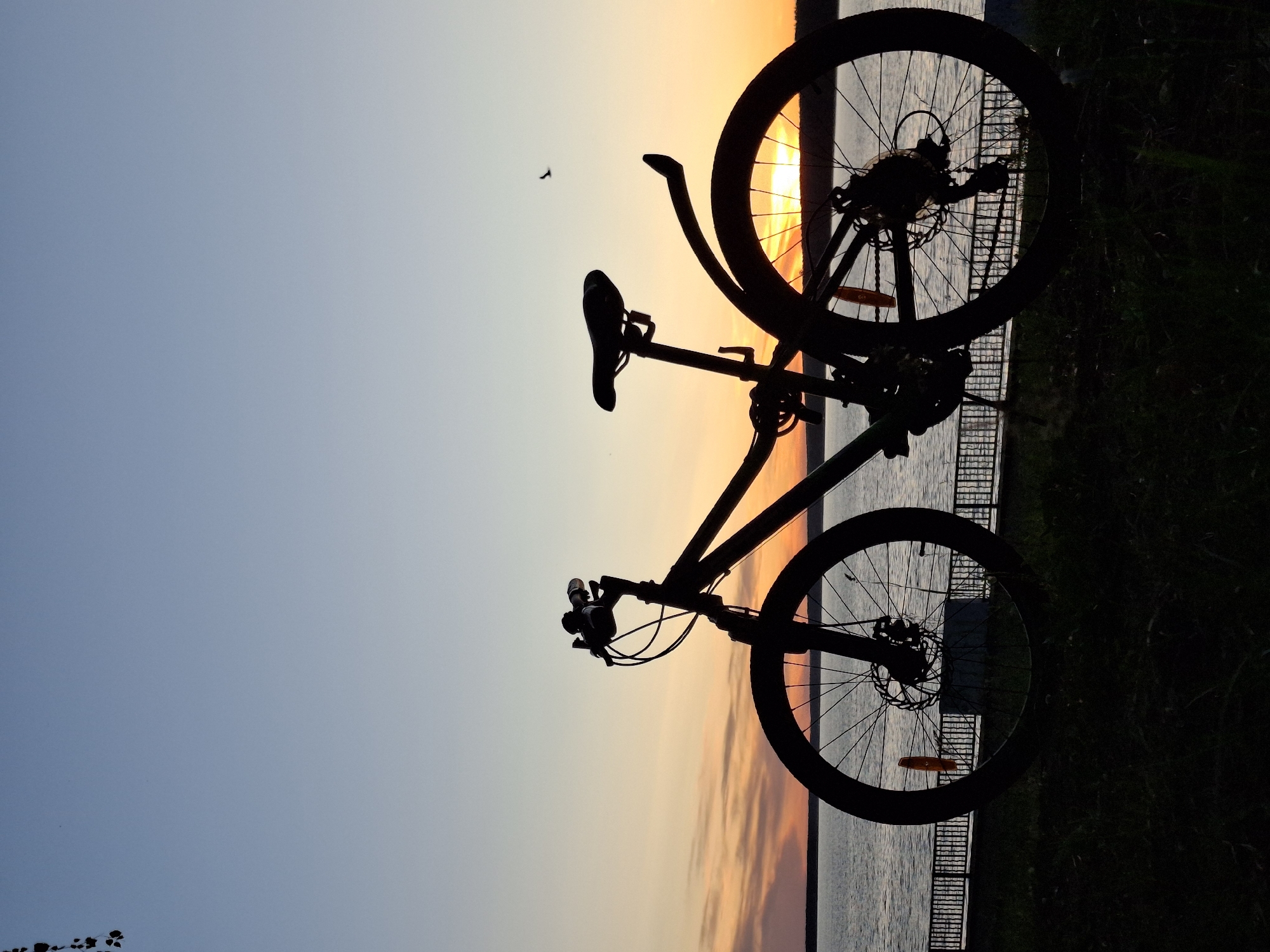 A silhouette of a bicycle is positioned in the foreground against a dusky sky. The bicycle is facing left, with its handlebars and front wheel visible on the left side, and its seat and rear wheel on the right. The sky transitions from a pale blue at the top to a warm orange near the horizon, where the sun is setting over a body of water. The water is calm, with a thin line of trees or land visible on the far bank. A fence runs along the edge of the water, separating it from the grassy area where the bicycle is parked. The overall scene is tranquil and picturesque, capturing the beauty of a sunset over a lake. This scene is located in the city of Chaikovsky, Russia.