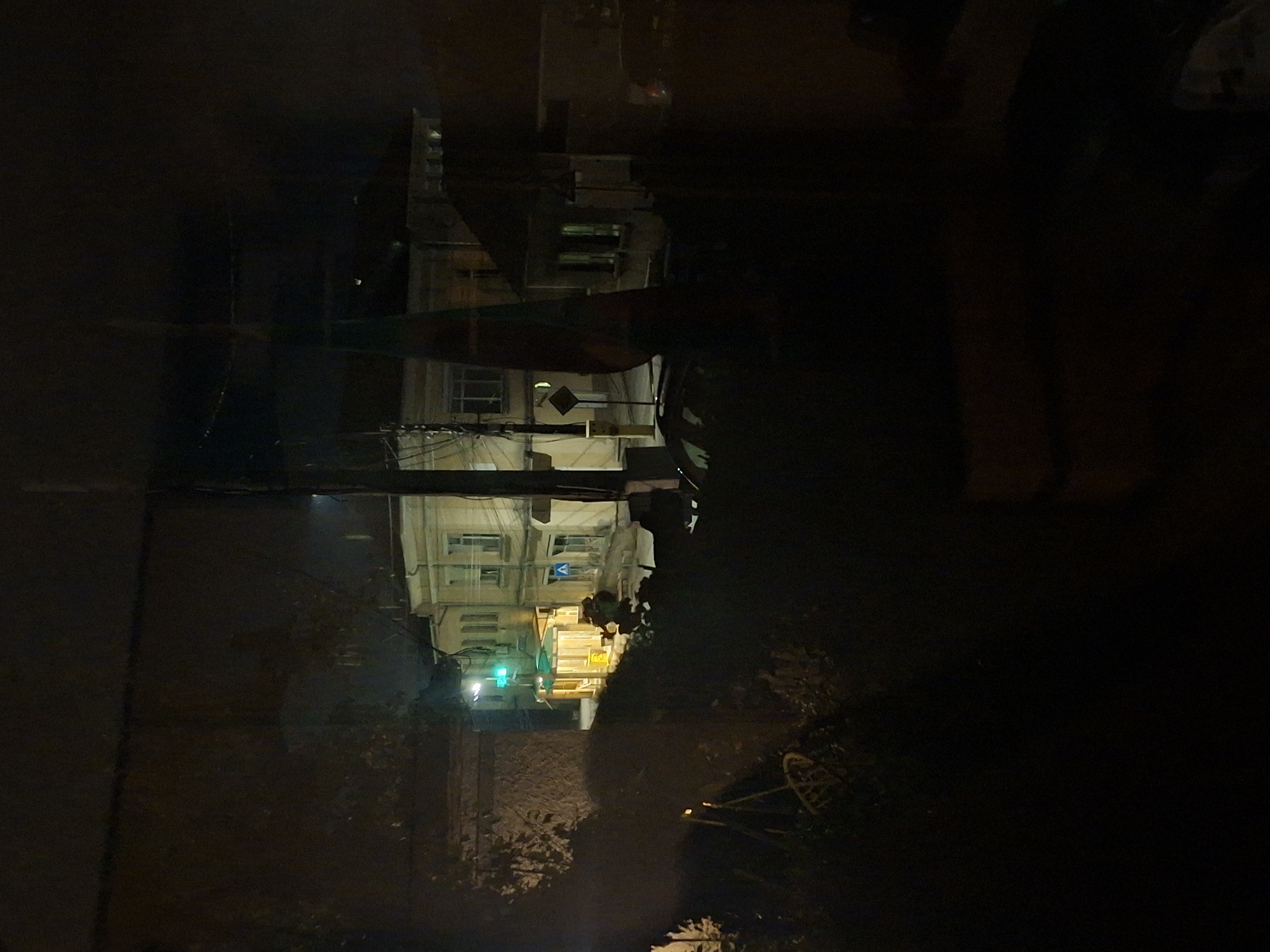 This is a nighttime, elevated exterior view of a street in Basarbovo, Bulgaria. The image, captured in low light, suggests a perspective from a window or balcony, with dark, indistinct elements consistent with foreground foliage or an immediate outdoor area partially obscuring the lower portion of the frame. A circular, woven object, possibly a basket or part of outdoor furniture, is faintly visible in the lower-left foreground.
In the mid-ground, a paved street is discernible, curving from the left towards the right. A prominent, illuminated bright green traffic light is positioned on the left side of the street. Adjacent to the traffic light stands a light-colored, likely beige or cream, two-story building. The ground floor of this building features a brightly lit entrance, emitting warm yellow light, suggesting a commercial establishment. The upper floor of this structure displays multiple dark windows.
Further along the street to the right, another section of a similar light-colored building is visible, also featuring multiple windows. The scene is characterized by extensive overhead utility infrastructure, with several utility poles and numerous interconnected wires crisscrossing the upper and mid-ground sections of the image.
At least two distinct road signs are present: a blue square sign containing a white inverted triangle is located to the right of the brightly lit commercial entrance. Additionally, a yellow, diamond-shaped warning sign is positioned further right, near a utility pole. A second, similar yellow diamond-shaped sign is partially visible on the far right mid-ground.
On the far right edge of the frame, a dark-colored vehicle, possibly a sedan, is parked or stationary along the street. The sky above is dark and lacks visible celestial features, suggesting cloud cover or heavy light pollution. Artificial light sources are primarily concentrated at street level and from within the visible buildings. No individuals are discernible within the frame.