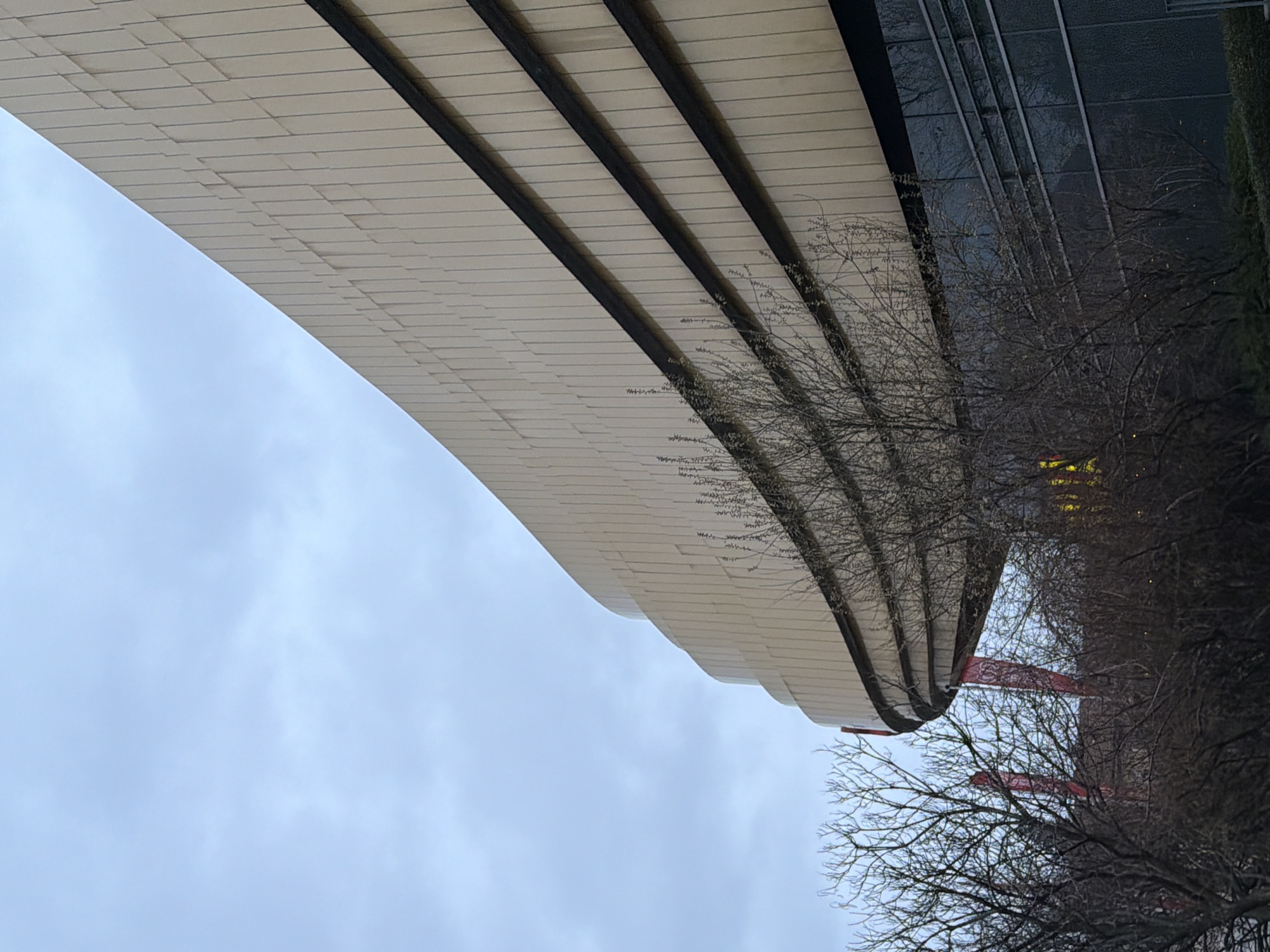 The image is an upward-angled view of a modern architectural structure against a cloudy sky. The structure features a curved, multi-layered awning or roof with a light-colored surface composed of rectangular panels and darker-colored supports. To the right, bare tree branches obscure the structure, revealing portions of the building behind. The photograph is taken in the city of Sofia, Bulgaria. Red design elements are visible through the branches. The environment seems overcast.