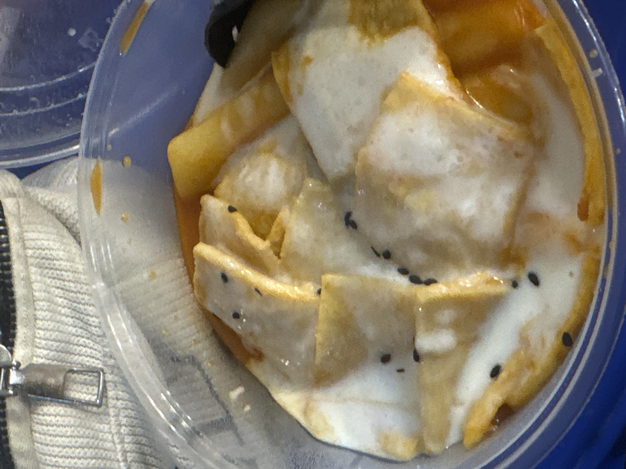 A close-up, overhead view shows food in a clear plastic container, likely prepared for takeout. The food appears to be a dish with white, rectangular pieces layered and covered in a creamy, white sauce with a reddish-orange broth. Small black seeds are scattered across the surface. The container is on a blue surface, and in the background, a portion of a light-colored fabric with a zipper is visible. There are no people or specific city landmarks identifiable in the image. The setting is not indicative of any specific location in Davao City, Philippines.