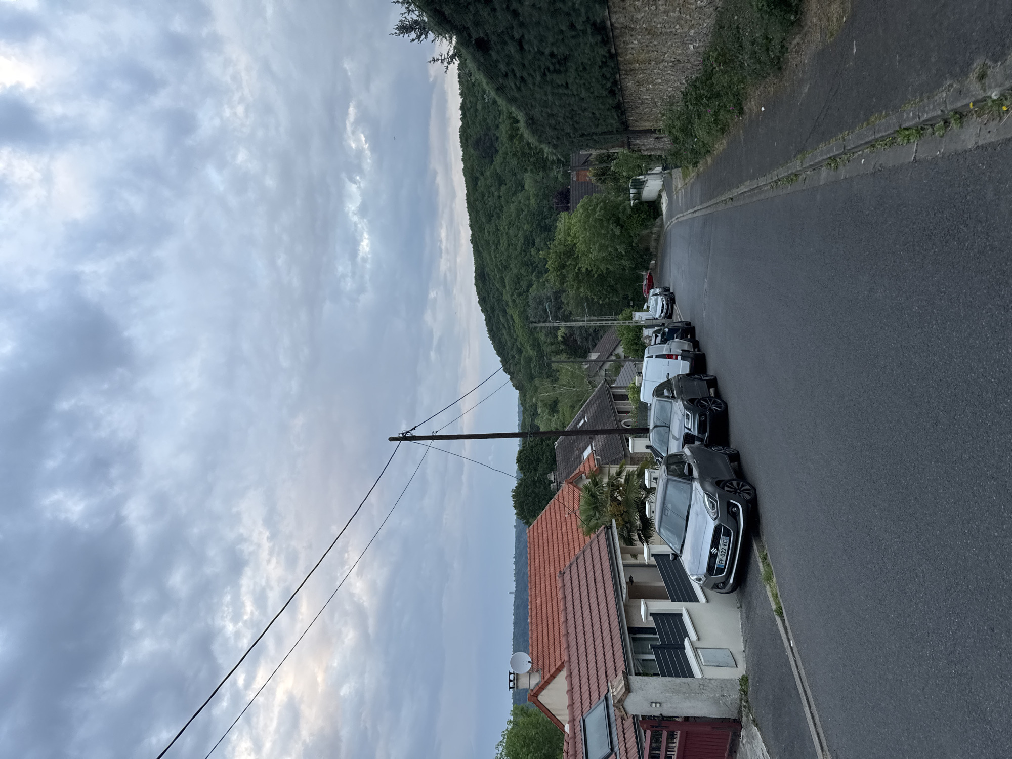 The image displays a residential street scene, likely taken on a cloudy day in Orsay, France. The perspective looks down a paved road that gently curves, with a steep, densely forested hillside dominating the left side of the frame.
Along the right side of the road, several cars are parked parallel to the curb. In the foreground, a grey Suzuki Swift is clearly visible, with its European-style license plate reading "FF-022-MC". Behind it, a white van and other dark-colored vehicles are parked. Adjacent to the road on the right are houses featuring distinctive terracotta tiled roofs, some with windows and visible satellite dishes, indicating a residential neighborhood.
A wooden utility pole with overhead power lines stands prominently in the mid-ground, stretching across the sky. The sky above is entirely overcast with heavy grey and white clouds, suggesting a muted light, possibly indicating an early morning, late afternoon, or simply a very cloudy day. There are no people visible, and no specific activities are taking place, presenting a quiet, static view of a suburban street nestled against a natural landscape.