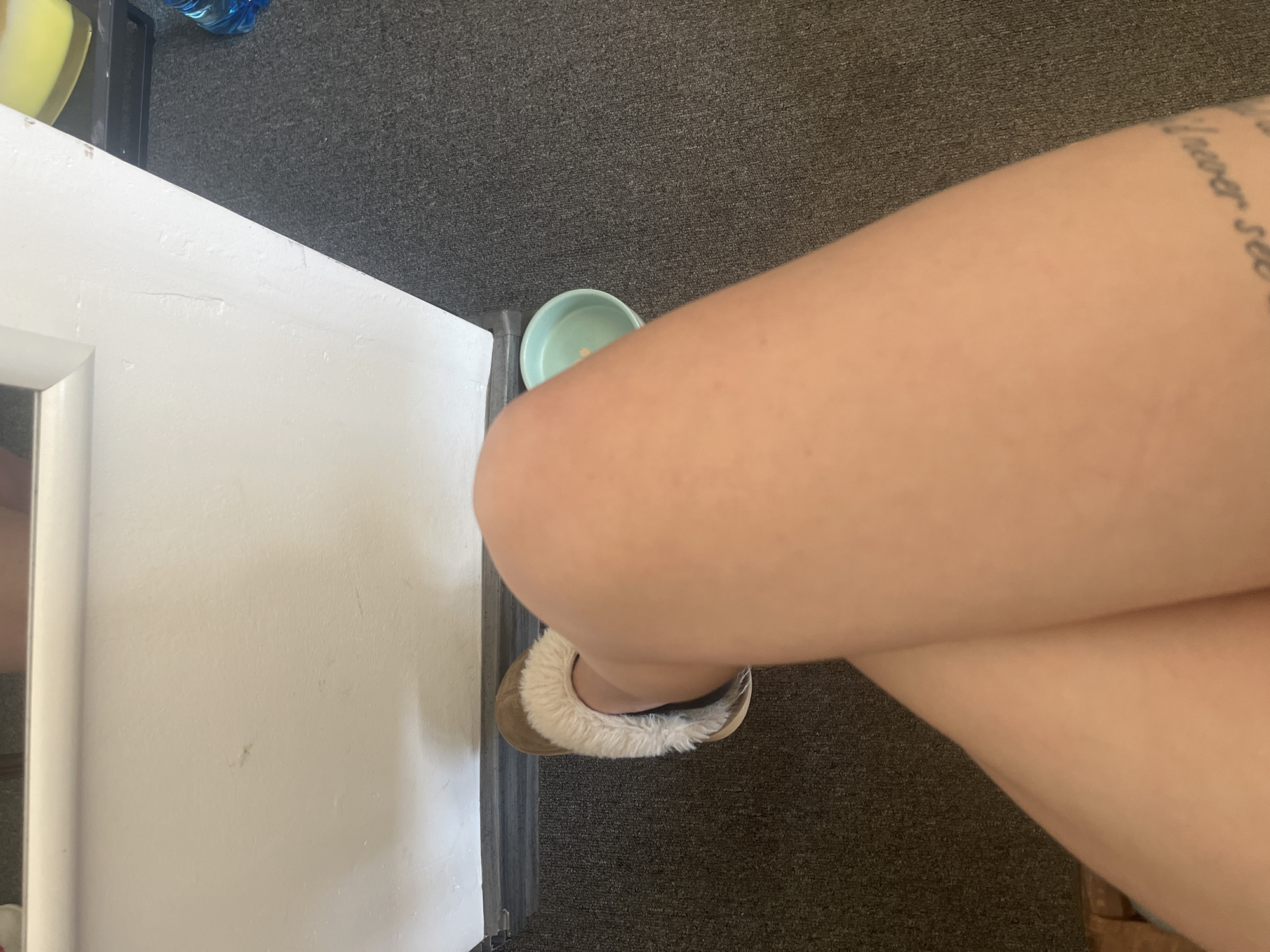 A top-down shot shows a section of a white door and a person's crossed legs and slipper-clad foot. A small green bowl sits near the door on a dark gray carpet. The person's upper leg has visible text as a tattoo. The location is not discernible from the provided information.