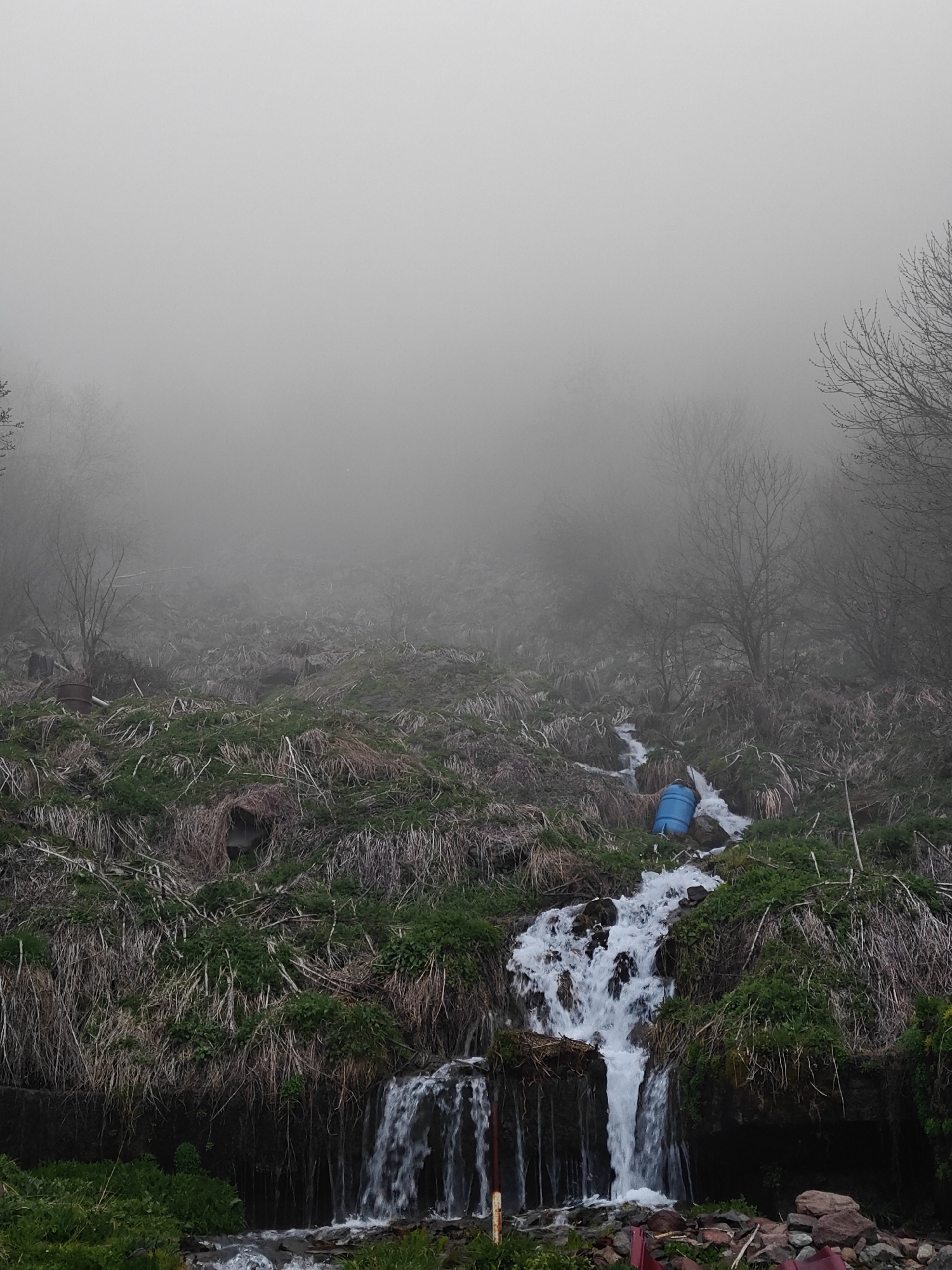 A landscape photograph taken in Zemo Mleta, Georgia, depicts a hillside shrouded in heavy fog. A small waterfall cascades down the slope, originating from a higher point where a blue plastic barrel is visible beside the stream. The hillside is covered in a mix of dry grasses and patches of green vegetation, punctuated by bare trees and shrubs that add to the somber atmosphere. The bottom of the waterfall flows into a dark area, surrounded by greenery and some visible debris.