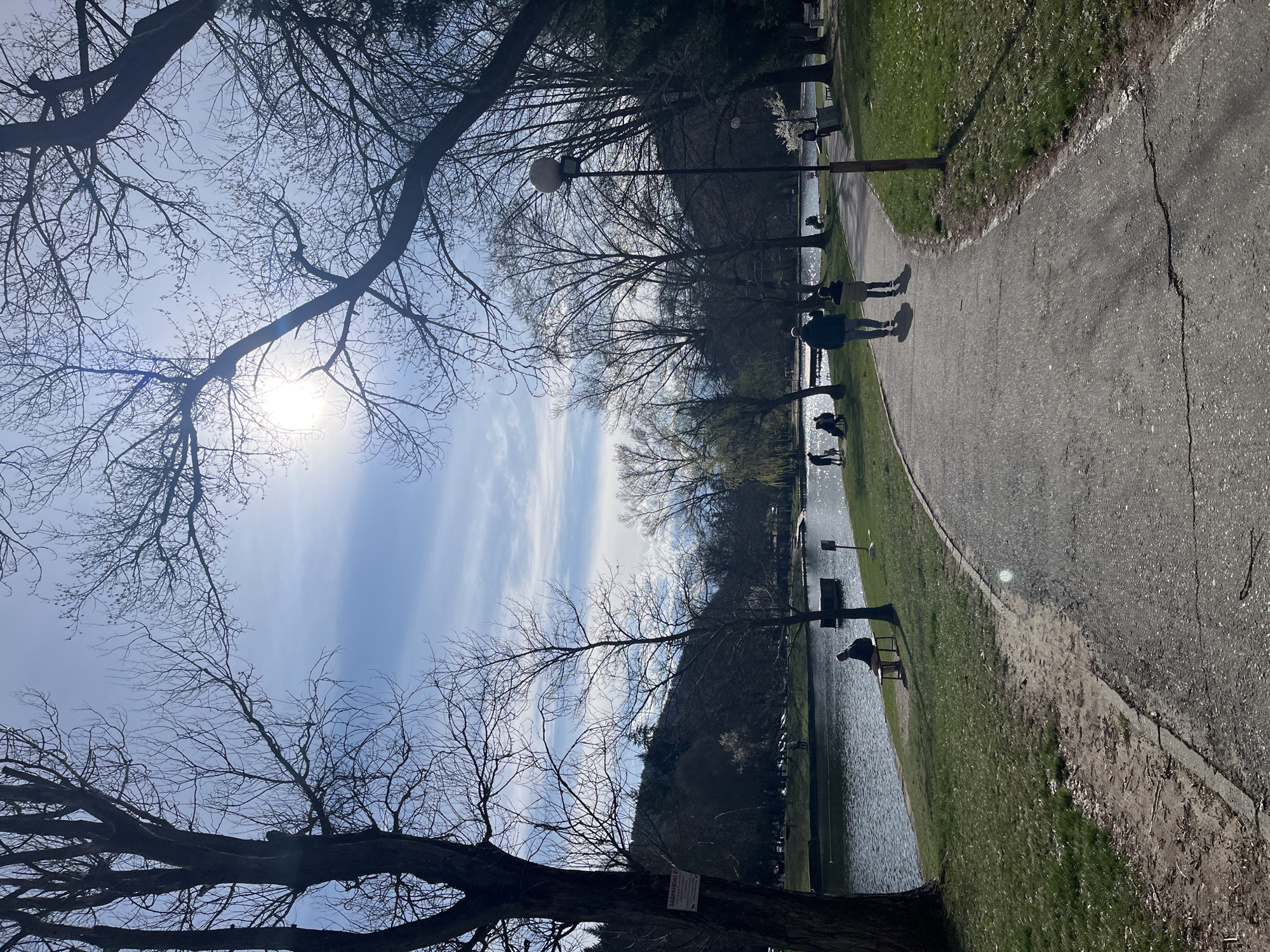 The image shows a scene in a park in Blagoevgrad, Bulgaria. A paved pathway runs parallel to a body of water, likely a lake or a river, as indicated by the reflected sunlight. The path is lined with grass on one side and the water on the other. A series of trees, some bare, and others with budding leaves, frame the scene. In the distance, a forested area or hill can be seen across the water. Several people are visible on the pathway, engaging in activities like walking or standing near the water. Some people are sitting on benches. There is also a tall, round lamppost. The sky is blue with some clouds, and the sun is visible through the branches of a tree.