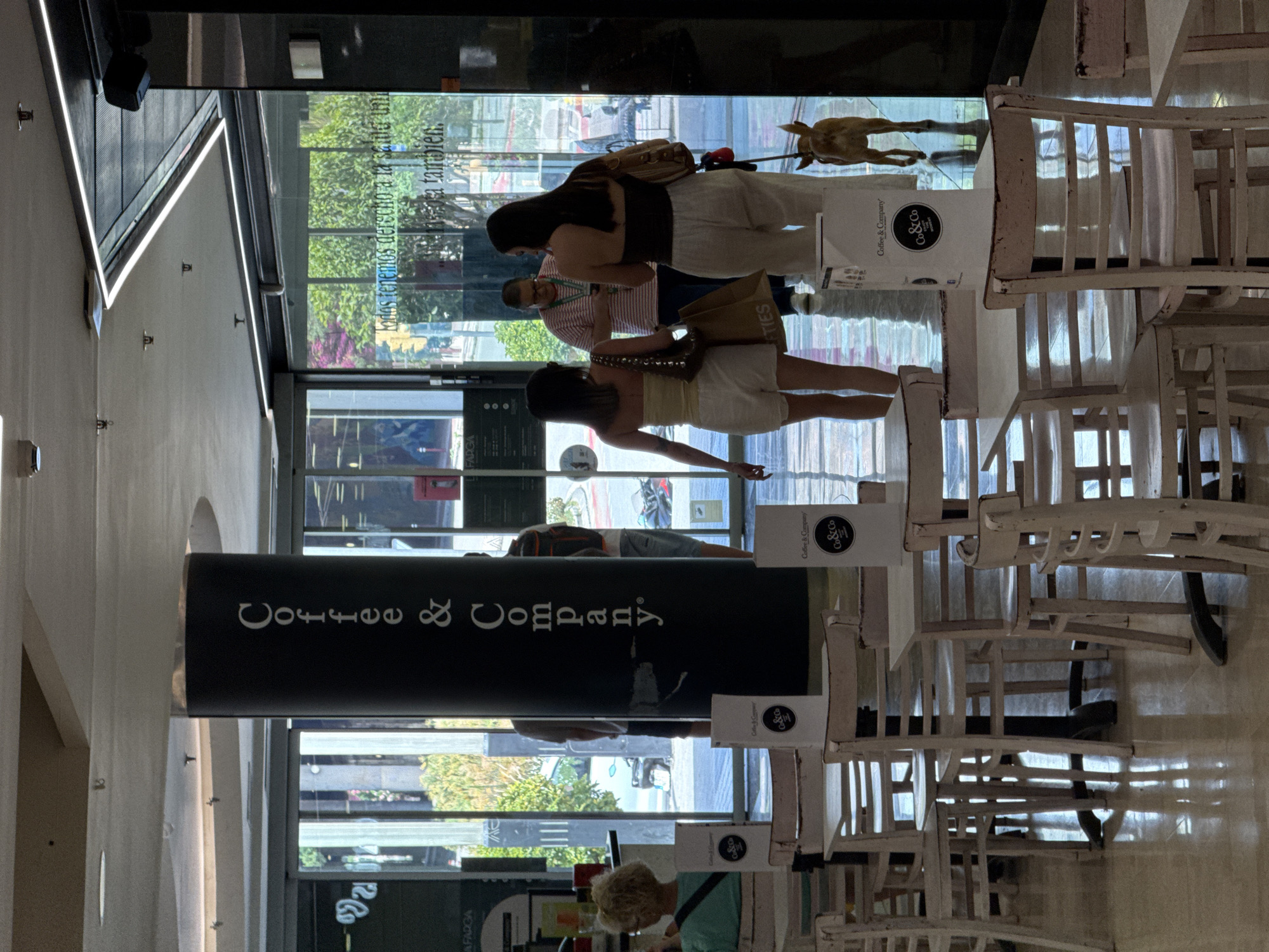 The image captures an indoor scene within a brightly lit commercial space, likely a cafe or restaurant, featuring a polished, reflective floor. In the foreground, several white tables and chairs are arranged, with menus on some of the tables displaying the "Coffee & Company" logo. A large black cylindrical pillar, also bearing the "Coffee & Company" logo vertically in white text, stands prominently.
To the left, a woman with short blonde hair is seated, looking away from the camera. In the mid-ground, two women are walking away from the camera. One is wearing a yellow top and white shorts, carrying a brown shoulder bag. The other woman is dressed in a white halter top and white pants, also carrying a brown shoulder bag. Behind them, a person wearing a striped shirt is visible looking at their phone. To the right, a small dog on a leash is walking away from the camera, its rear end towards the viewer.
The background consists of large glass windows and doors revealing an outdoor environment with trees and buildings, suggesting a city location. Text on the windows appears to be in Spanish. The overall ambiance is modern and clean, with natural light filtering in. The location is identified as L'Hospitalet De Llobregat, Spain.