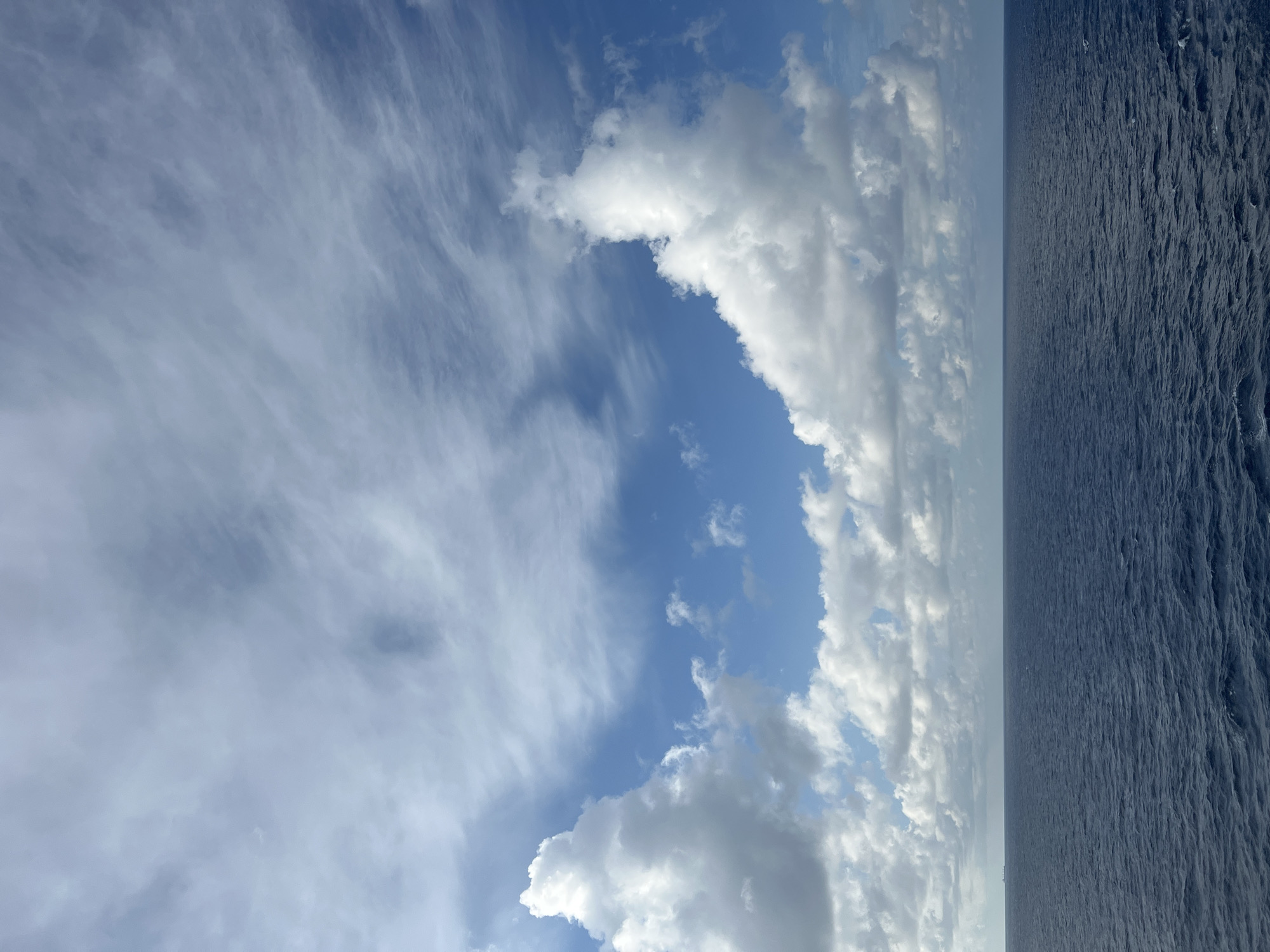 The image depicts a vast expanse of the ocean under a dynamic sky filled with clouds. The sea is a deep, rich blue, with subtle ripples and waves suggesting gentle movement. The horizon line is sharp and distinct, separating the water from the sky. The sky is a vibrant blue, dotted with a variety of clouds. On the left side, large, puffy cumulus clouds dominate, appearing bright white where illuminated by sunlight. Towards the center and right, thinner, wispy cirrus clouds streak across the sky, creating a sense of depth and movement. A faint, distant silhouette of a ship can be seen on the horizon, barely visible against the sky. The overall impression is one of natural beauty and serene vastness.