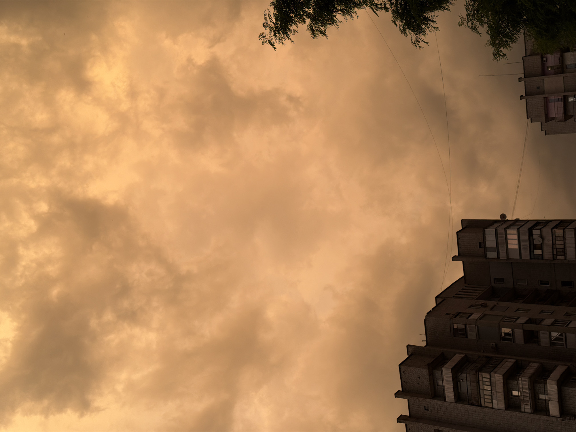 An upward, low-angle shot captures a dense, orange-hued sky filled with cloudy formations. In the lower third of the image, the dark, angular structures of apartment buildings rise from the bottom edge. The building on the left is taller and more detailed, showing multiple balconies with railings and rows of windows. A smaller apartment building is visible to the right of the main one, partially obscured by the sky. A tree with dark green leaves is silhouetted against the sky on the far right. A single wire stretches across the frame horizontally, connecting unseen points above the buildings. The overall lighting is dim, with the sky casting an unusual, warm glow that dominates the scene.