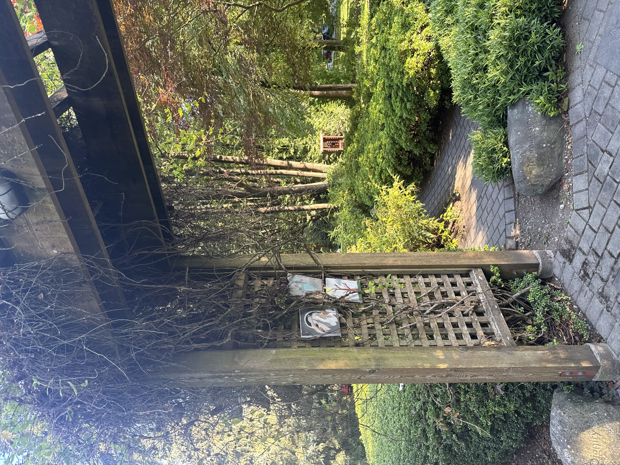 A wooden arbor with overgrown vines frames a park scene. The arbor has a square lattice on one of its posts, adorned with three small paintings depicting a face, a vase of flowers, and a tree. A paved walkway made of interlocking stones winds through lush green bushes. In the background, a small wooden structure, possibly a birdhouse or insect hotel, is visible amongst trees. A large rock with the engraved word "Compassion" sits beside the walkway. Another rock with the word "Dignity" is partially visible on the left. The setting appears to be a public park, likely in Port Moody, Canada, given the context.