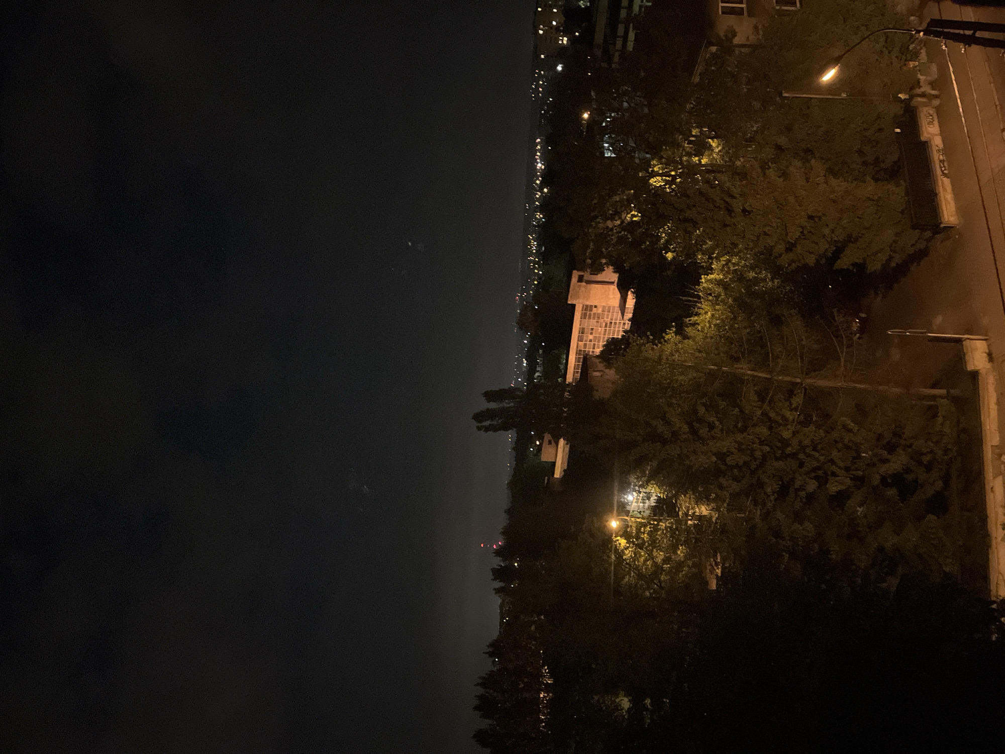 The image depicts a nighttime urban landscape. The foreground is dark, possibly representing the night sky or a shaded area. In the midground, there's a building with illuminated windows, suggesting habitation. Streetlights cast a warm glow on nearby trees and foliage. In the distance, a line of city lights twinkles, indicating the urban sprawl. There is a pole on the right with a street light. The image is taken from an elevated perspective, such as a high-rise building, offering a panoramic view of the city.