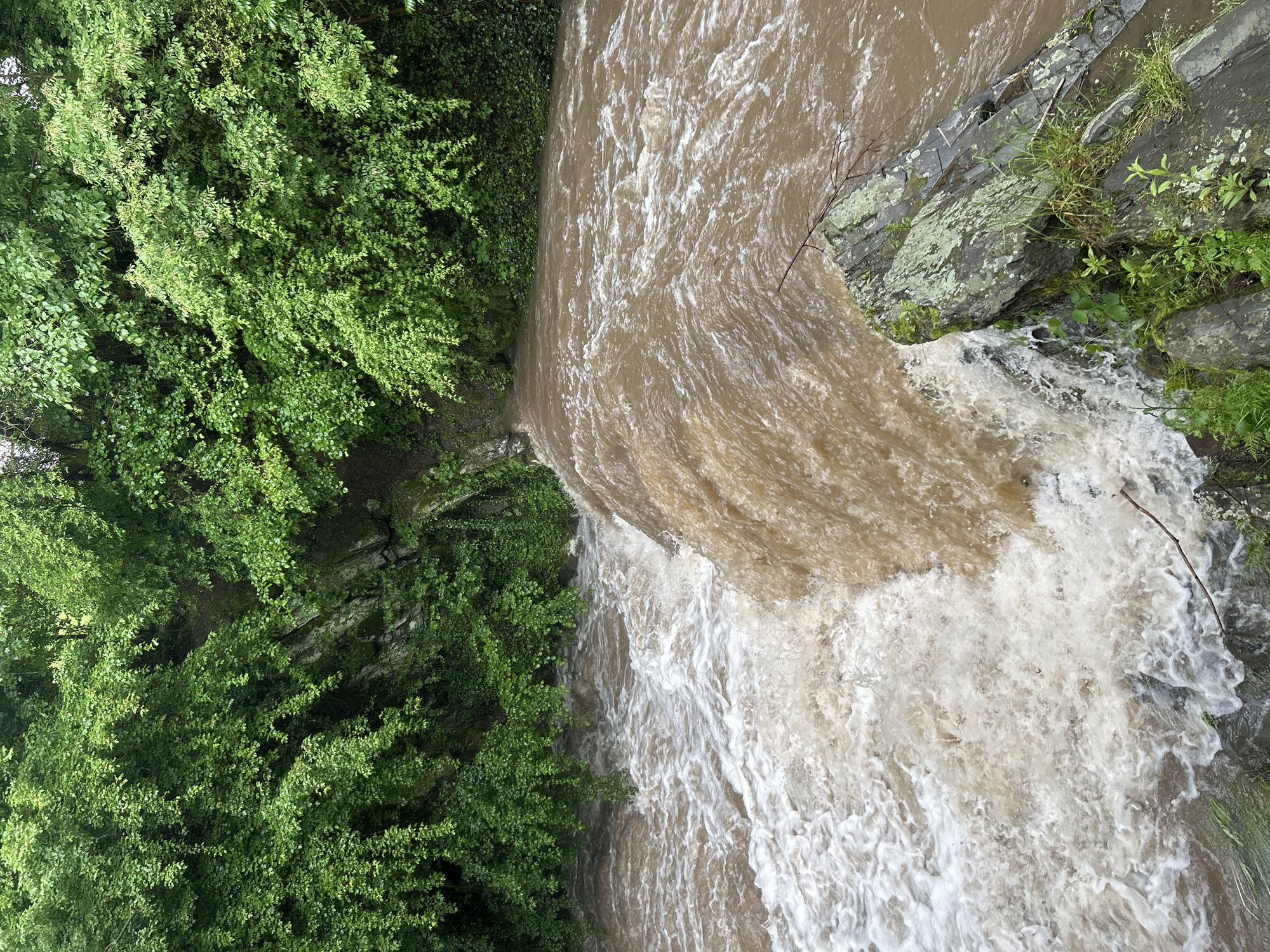 The image shows a top-down view of a waterfall. The water is muddy brown in color, suggesting it is carrying a large amount of sediment. The water cascades over a rocky edge, turning white and frothy as it falls. On the left side of the frame, dense green foliage lines the edge of the waterfall. On the right, mossy rocks and some green vegetation are visible at the edge. The location appears to be natural or a landscaped area within the city of Unknown, Unknown. There are no people visible in the image.