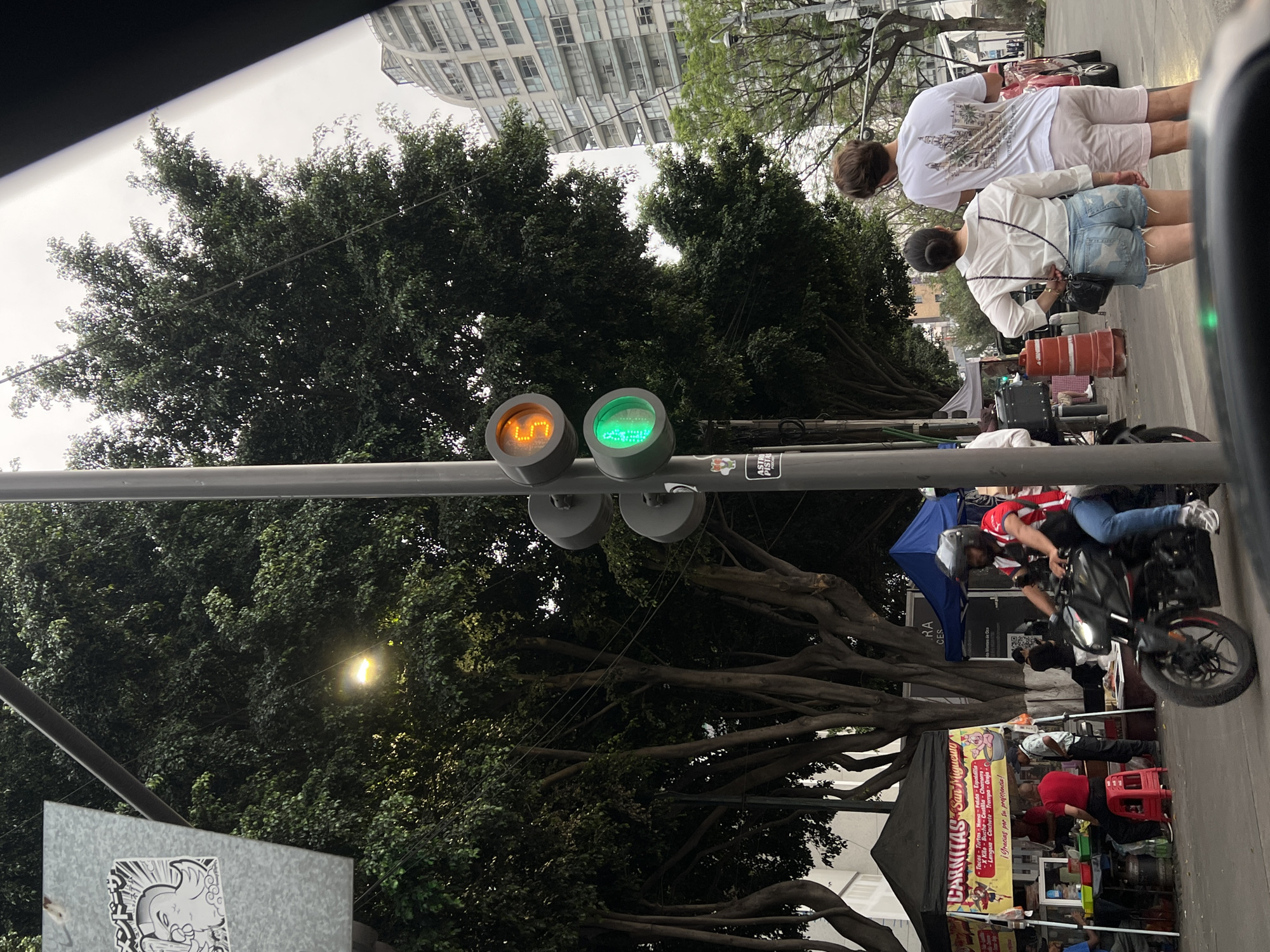 The image shows a street scene in Mexico City, Mexico. A traffic light shows a green light along with an amber digital display showing "47". A large tree dominates the left side of the frame. A motorcycle rider is on the right side of the frame. Two pedestrians are walking in the distance. A vendor stand with the words "CARNITAS San Migueuro" is visible. A building is visible in the background.
