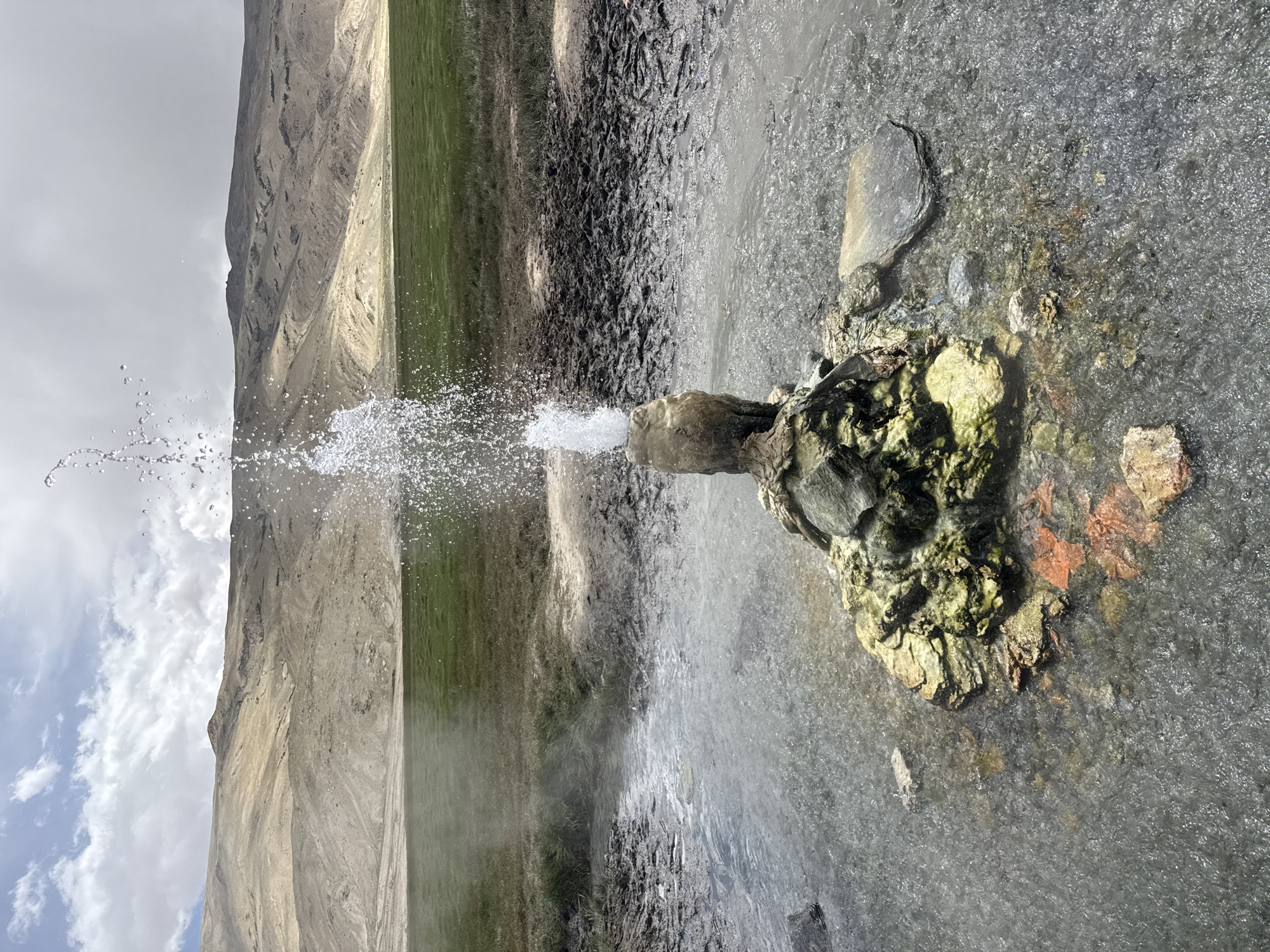 A geyser erupts from a rocky formation in the shallow, clear water of a stream. The geyser is a tall, narrow spray of water, surrounded by mist and droplets. The rocky formation at the base of the geyser is a mix of rough, weathered stones, some covered in green and yellow mineral deposits, and others with a reddish-orange hue. The stream flows around the formation and into the foreground. In the middle ground, the stream bank is muddy with clumps of grass. Beyond the stream, a vast expanse of green grass stretches towards a dry, barren mountain range that dominates the background under a cloudy sky. The scene appears to be located in Puga, India, a region known for its geothermal activity.