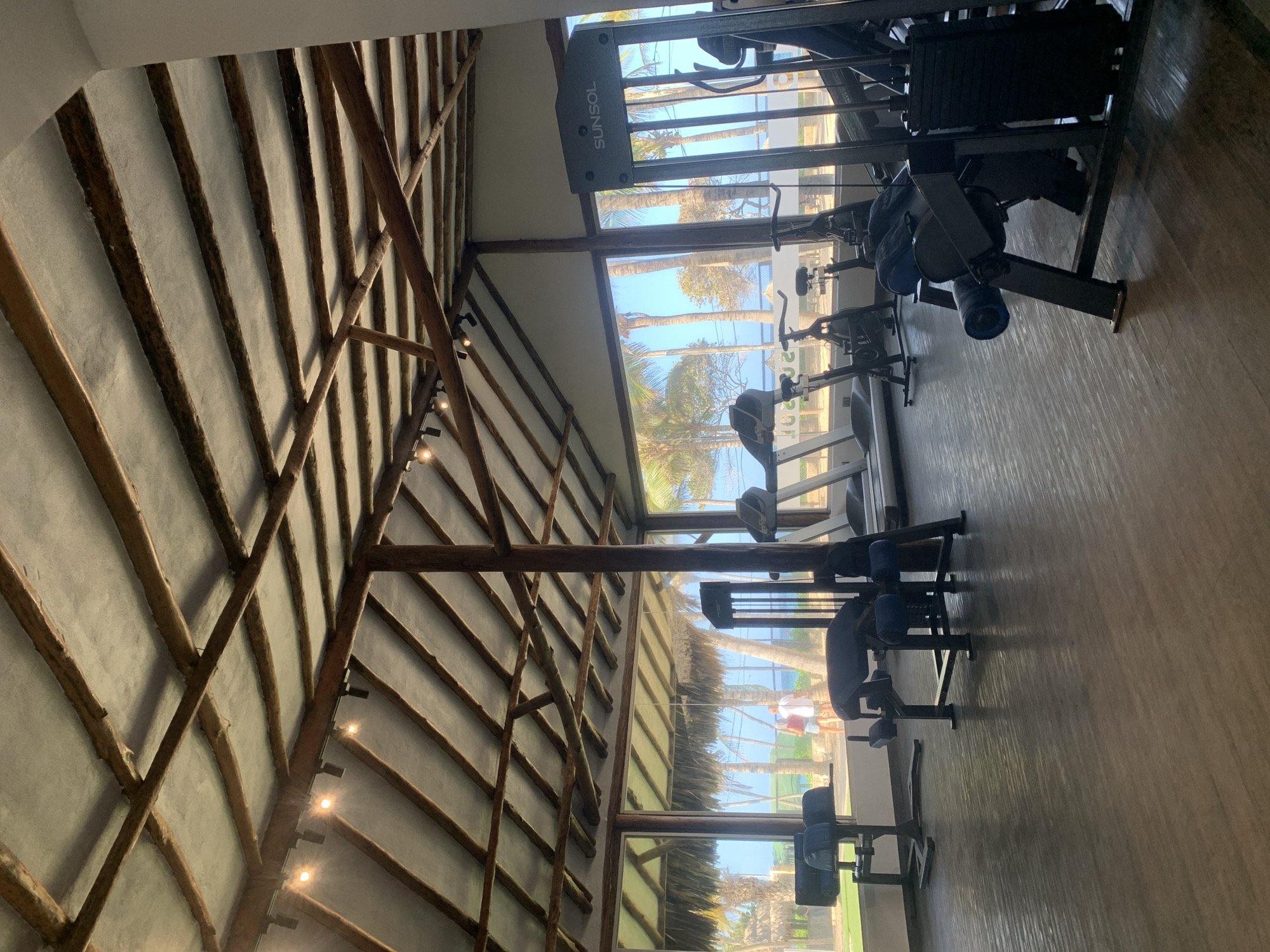 The image depicts the interior of a gym with a rustic, open-air design, possibly located in El Tirano, Venezuela. The ceiling features exposed wooden beams and supports, with a textured gray material between them. Track lighting is installed along some of the beams. Large windows offer a view of a beach and palm trees, suggesting a coastal location.
Inside the gym, various exercise machines are visible. These include treadmills, stationary bikes, and weight machines. One weight machine, in the foreground and right side of the image, has a visible "SUNSOL" brand name. There are also other pieces of exercise equipment, such as a back extension bench on the left and another weight machine on the left and center.
In the background, through the windows, two individuals, one appearing to be a male wearing a white shirt and shorts, and another, possibly a female, wearing a red top and shorts, are standing and looking towards the ocean. The environment outside is sunny with clear blue skies and lush green palm trees. The floor of the gym is a polished, dark wood laminate. The overall impression is that of a well-equipped gym integrated into a tropical environment.