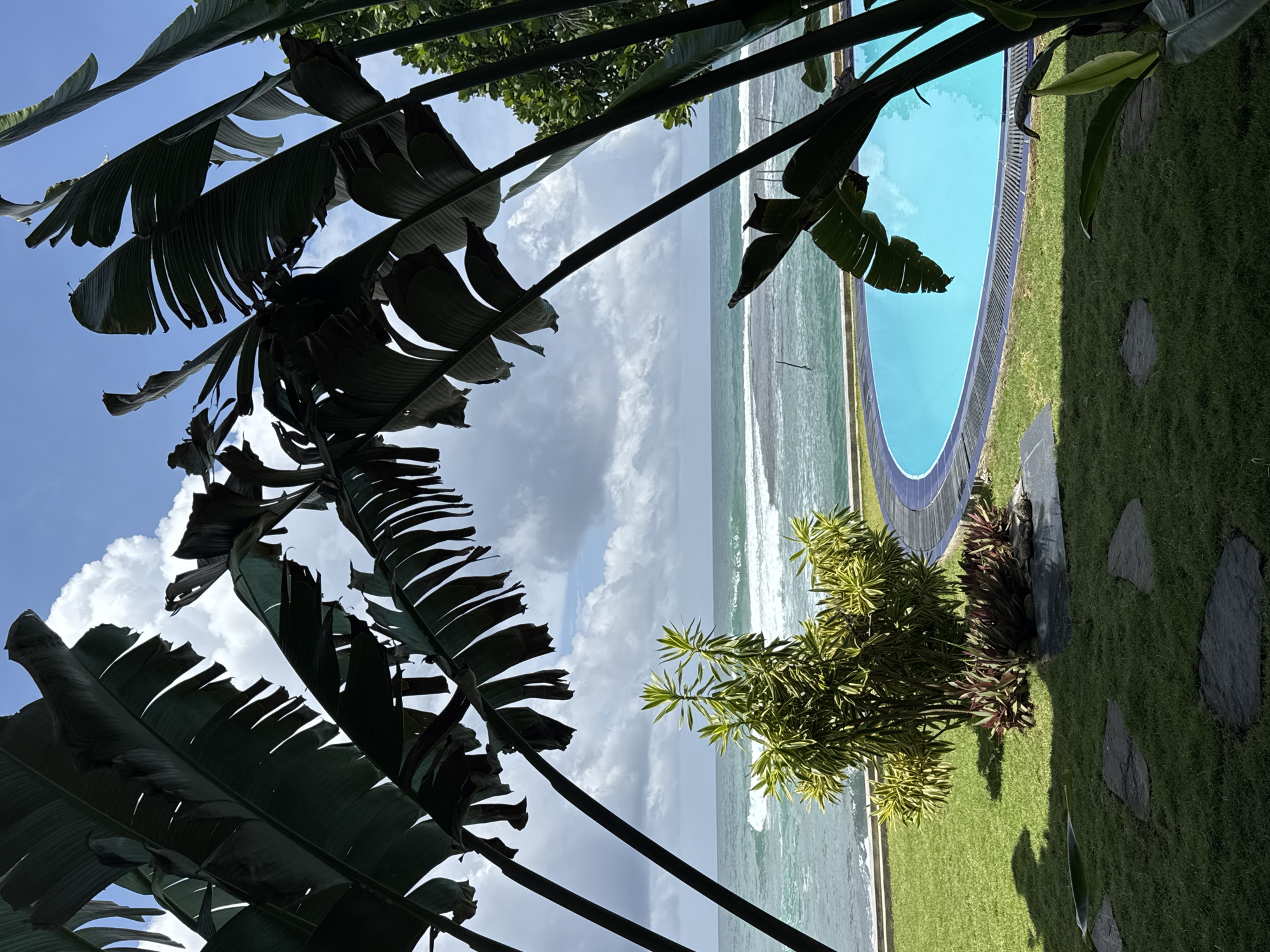 This image depicts a serene tropical scene in Goviyapana, Sri Lanka. The foreground is dominated by large, dark green banana leaves that frame the view. Beneath them, a manicured green lawn is interspersed with dark stone stepping stones. A small, ornamental plant with reddish-purple leaves and a taller, variegated green plant are nestled in the grass. To the right, a bright blue, kidney-shaped swimming pool with a dark blue tile border is visible. The pool reflects the sky and clouds. Beyond the pool and lawn, the turquoise ocean stretches to the horizon under a bright blue sky dotted with fluffy white clouds. Gentle waves are breaking on a distant shore. The overall impression is one of a luxurious and tranquil tropical getaway.