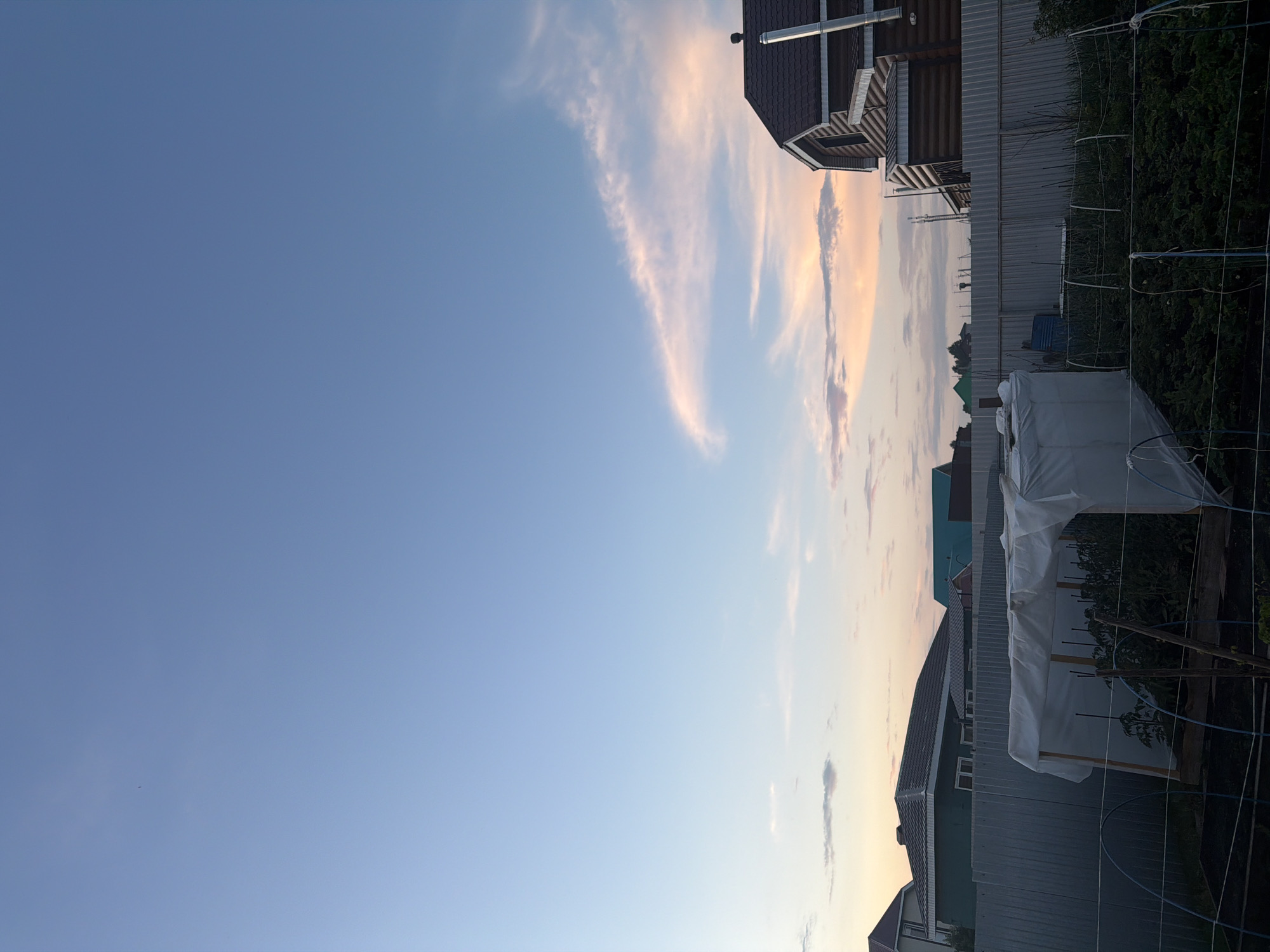 The image depicts a rural backyard scene at dusk in Nizhny Suyk-Su, Russia. The sky is a gradient of pale blue to soft pink and orange, with wispy clouds illuminated by the setting sun. In the foreground, a garden area is visible, featuring what appears to be a small greenhouse or protective covering over plants, supported by wooden frames and a white plastic sheeting. Several rows of plants are visible beneath the covering and surrounding it. A metal fence runs horizontally across the middle ground, separating the garden from the background. Behind the fence, several houses with pitched roofs are visible, constructed with various materials including wood siding and lighter colored facades. One prominent building on the right is a wooden house with multiple levels and a dark shingled roof, featuring a chimney pipe. The overall impression is of a tranquil evening in a residential rural area.