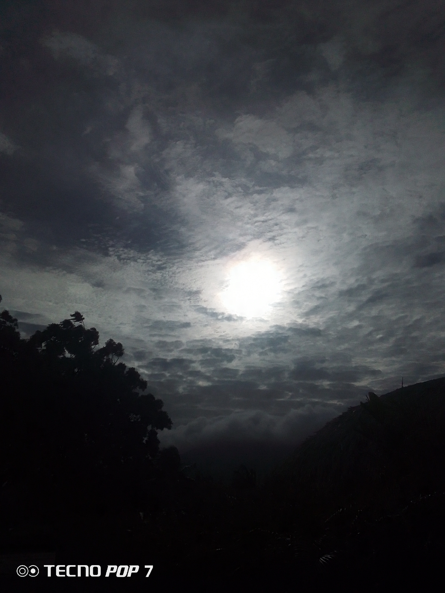 The image depicts a sky scene in Pedro González, Venezuela, featuring a bright sun obscured by a layer of cloud cover. The clouds vary in density, creating a textured effect with lighter and darker patches. Silhouetted elements, likely trees and a hill, are visible in the foreground, framing the brighter sky above. The lower portion of the image is predominantly dark due to low lighting. The text "TECNO POP 7" is visible at the very bottom of the image, likely indicating the device used to capture the photo.