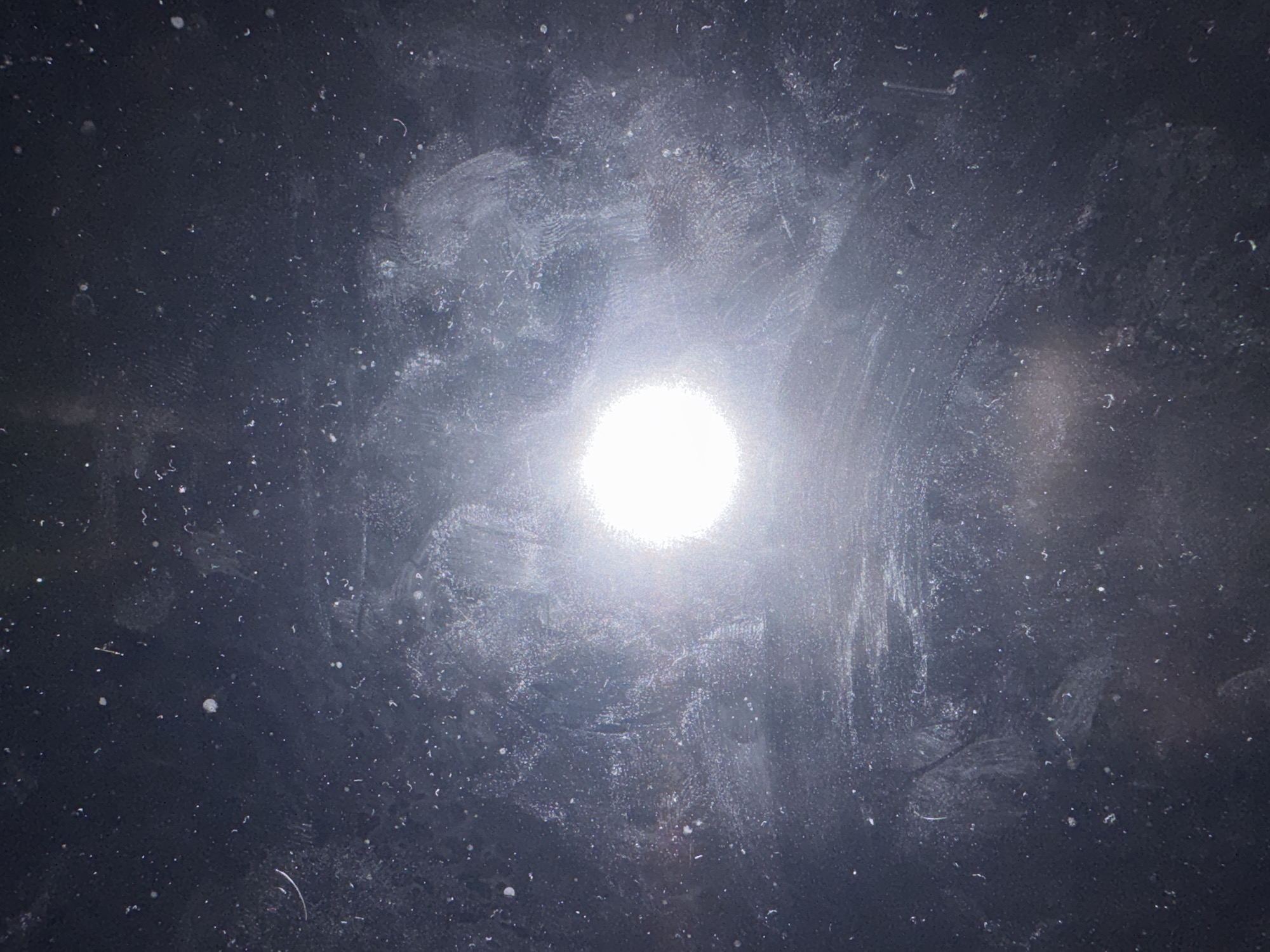 The image is a close-up, overexposed shot of a dark, possibly metallic or glass surface. A bright, diffused light source, appearing as a white circle, dominates the center of the frame. The surface is heavily marked with smudges, scratches, and numerous small specks, likely dust or debris. The overall impression is of a dirty or worn surface, possibly a car's exterior or a window, illuminated by a strong light. The location in Yekaterinburg, Russia is not discernible from the visual information provided.