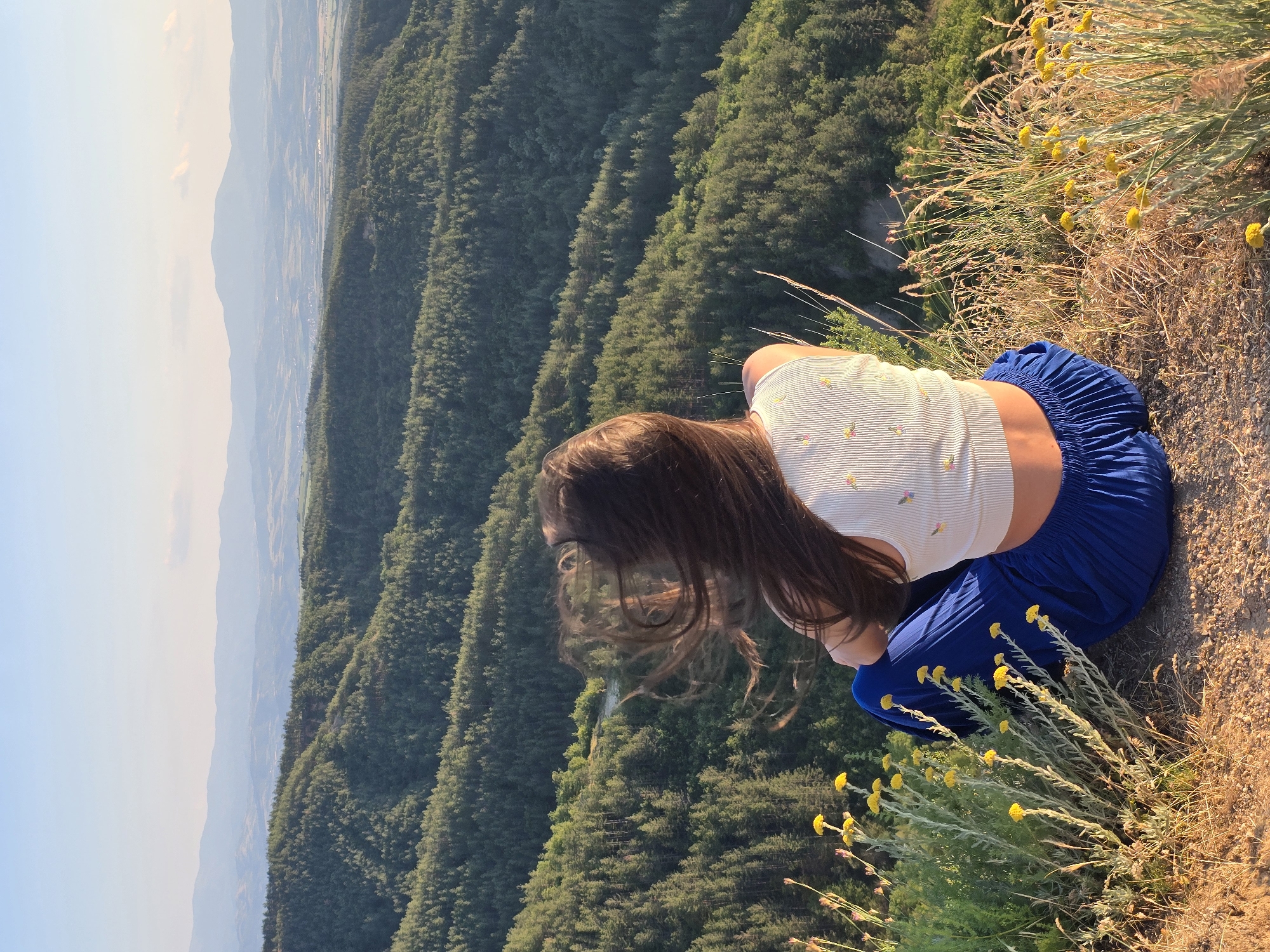 A solo female figure is seated on a dry, earthy hilltop overlooking a vast forested landscape in Stob, Bulgaria, under a clear, hazy sky during the golden hour. The individual, seen from behind, has long, dark brown hair that is actively blowing in the wind. She wears a light-colored, vertically ribbed crop top adorned with small, colorful patterns and pleated, royal blue trousers. Her posture suggests she is looking outwards across the panoramic view. The immediate foreground features dry grasses and clusters of yellow wildflowers with spherical blooms. The midground is dominated by dense, undulating coniferous forests covering numerous hills and valleys. In the distant background, multiple layers of mountains fade into a pale blue and white sky, indicative of atmospheric haze.