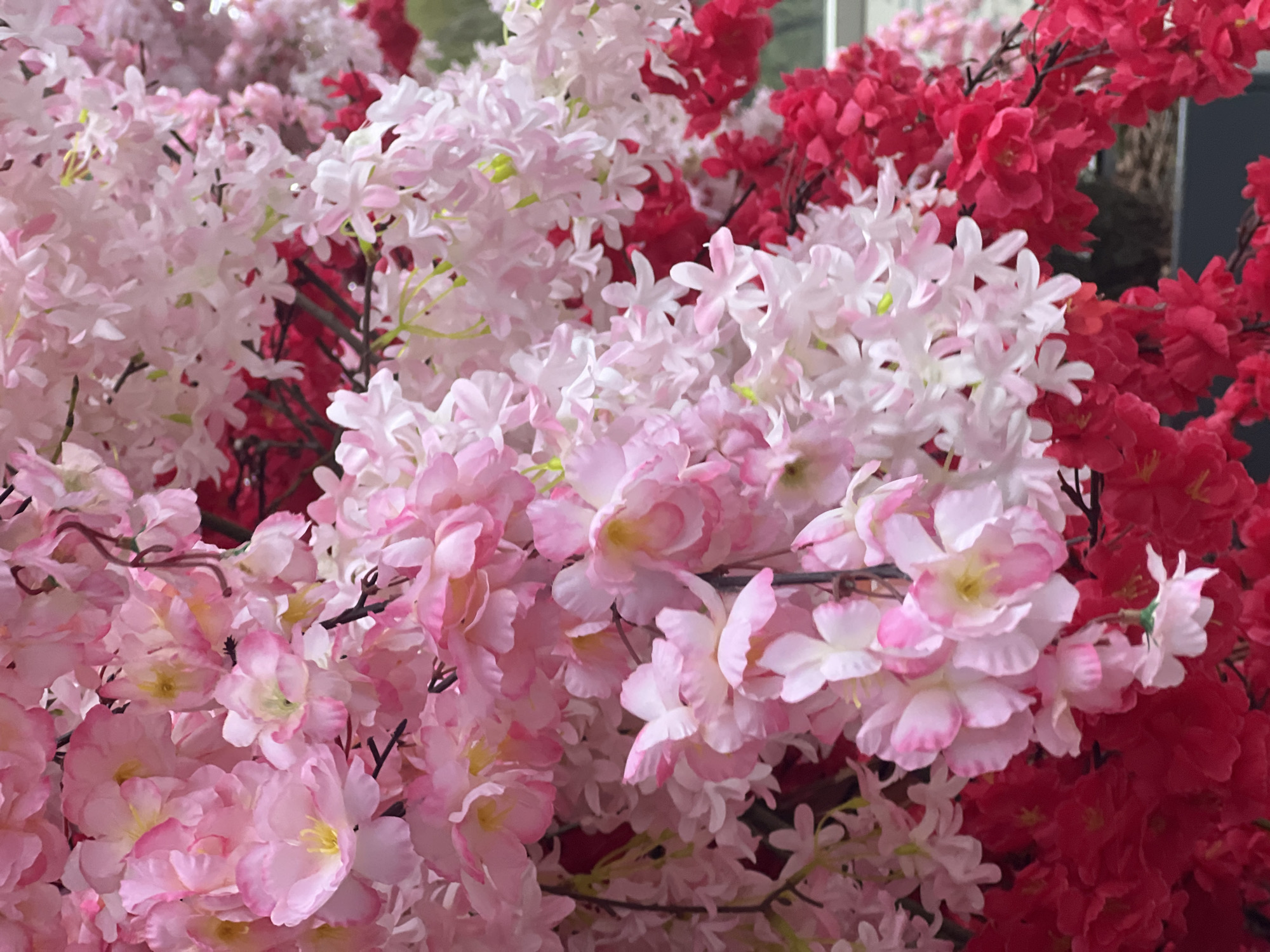 The image depicts a dense arrangement of artificial cherry blossom branches in various shades of pink and red. The blossoms are clustered together, creating a visually full and vibrant display. The lighting is soft and diffused, highlighting the delicate textures of the petals. The branches appear to be arranged for decorative purposes, potentially as a store display or event decoration. The image does not contain any information suggesting the location of the city of Khimki, Russia.