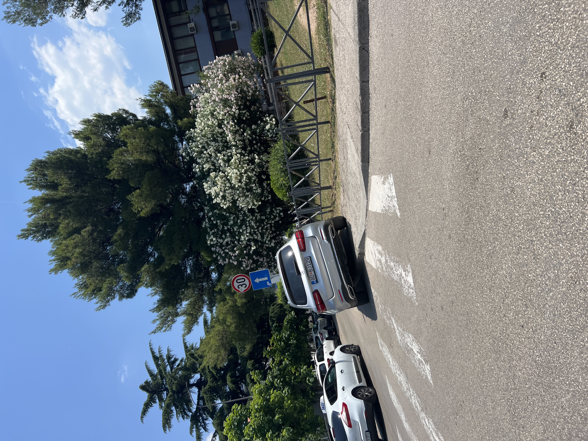 The image depicts a street scene in Budva, Montenegro, likely near the coast given the clear blue sky and lush vegetation. In the foreground, a street with white pedestrian crossing markings is visible. A silver Mercedes-Benz SUV, license plate BD BJ129, is parked partially on the sidewalk, its front wheels turned slightly. To the left of the SUV, a white Renault Megane, marked as a "TAXI," is driving on the road. Further back, other vehicles, including a white SUV, are parked.
The background features a dense canopy of mature trees, including palm trees and a large evergreen, with a prominent flowering bush displaying white and pink blossoms. Behind the vegetation, a modern blue building with multiple windows and air conditioning units is visible. A metal fence runs along the edge of the property. A traffic sign indicating a speed limit of 30 km/h and a straight-ahead directional arrow is posted on a pole. The overall impression is a sunny day in a well-maintained urban area with natural elements.