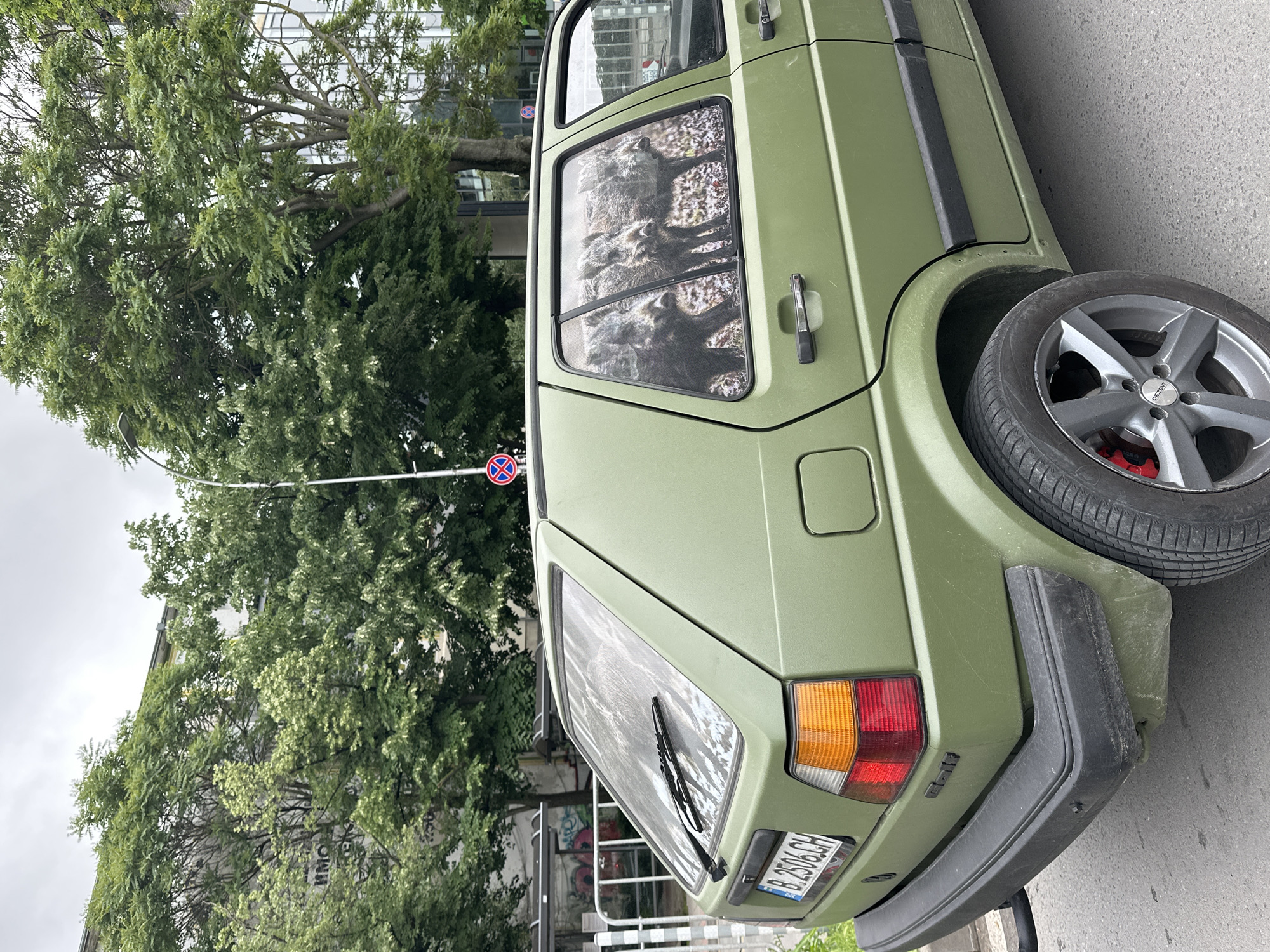 A military-green Volkswagen Golf Mk2 is prominently featured, parked outdoors, possibly on a street in Varna, Bulgaria. The car has a matte, olive-green finish and appears to be heavily modified, with a spare tire mounted externally on the rear tailgate. This spare tire features a grey "DEZENT" brand alloy wheel and a visible red brake caliper behind it.
The rear side window of the car displays a distinctive graphic or sticker depicting multiple raccoons. The vehicle's rear includes typical red and amber taillight assemblies, a black plastic bumper, and a rear wiper. A Bulgarian license plate, "B 2506 CH," is visible below the tailgate. A "CLi" badge is also present on the lower rear panel, indicating a potential trim level.
The background consists of dense, leafy green trees, suggesting a lush environment. Through the foliage, a building with light-colored walls is partially visible, featuring some dark graffiti-like text, possibly "HMCK" or similar, on its upper sections. An overhead utility line traverses the scene, and a red and blue "no stopping/standing" sign is visible among the trees, mounted on a pole. The sky is overcast, indicating daytime under cloudy weather conditions.