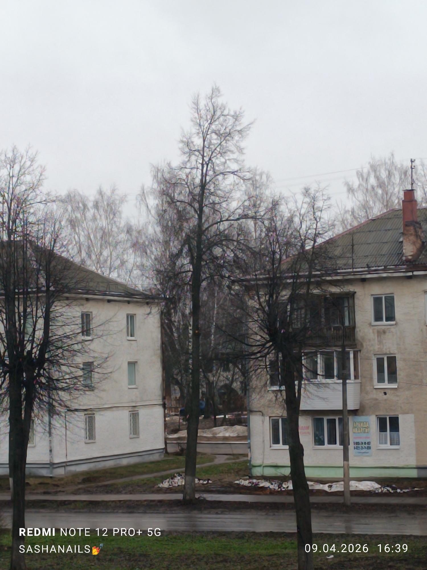 The image depicts a drab, overcast urban scene in what appears to be Chaikovsky, Russia, based on building style and context. Two, possibly three-story buildings are visible. The buildings are constructed from a light-colored material. The buildings show signs of age and wear. Bare trees are present, obscuring much of the background. A faded sign is visible on the side of one of the buildings. The ground is covered with patches of dead grass and melting snow. The image was taken on 09.04.2026 at 16:39, as indicated by the timestamp in the lower right corner. There are no people visible in the photograph.