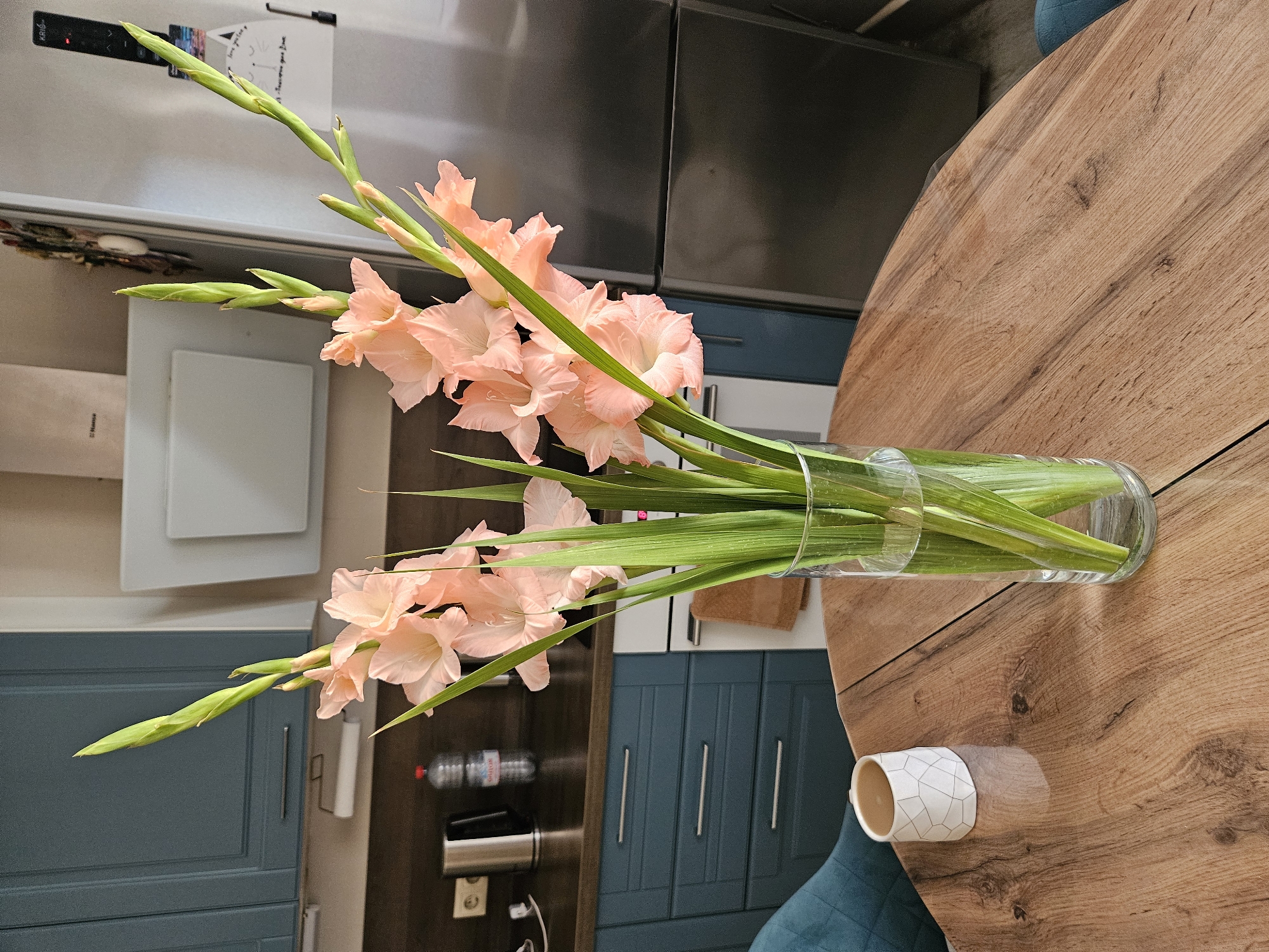 A bouquet of pale pink gladiolus flowers stands in a clear glass vase on a wooden table in a kitchen. The flowers are arranged with several buds at the top and blooming flowers below. A small white ceramic cup with a geometric pattern sits to the left of the vase. In the background, dark teal kitchen cabinets are visible, along with a stainless steel refrigerator and a white range hood. The scene is well-lit, suggesting it is daytime. The image does not contain enough information to determine its location in Rostov-on-Don, Russia.