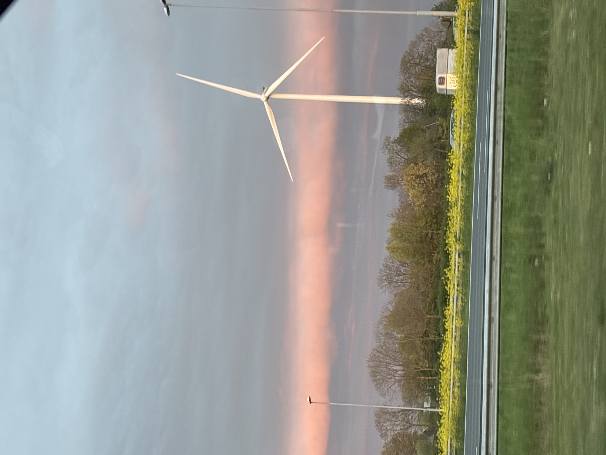 The image shows a landscape in Bruchem, Netherlands, featuring a wind turbine against a sky with grey clouds and a distinct vertical band of pinkish light. A road runs horizontally across the frame, bordered by green vegetation on one side and a strip of yellow flowers and trees on the other. The image includes roadside infrastructure such as street lamps. In the background, a white campervan is visible amongst the trees.
