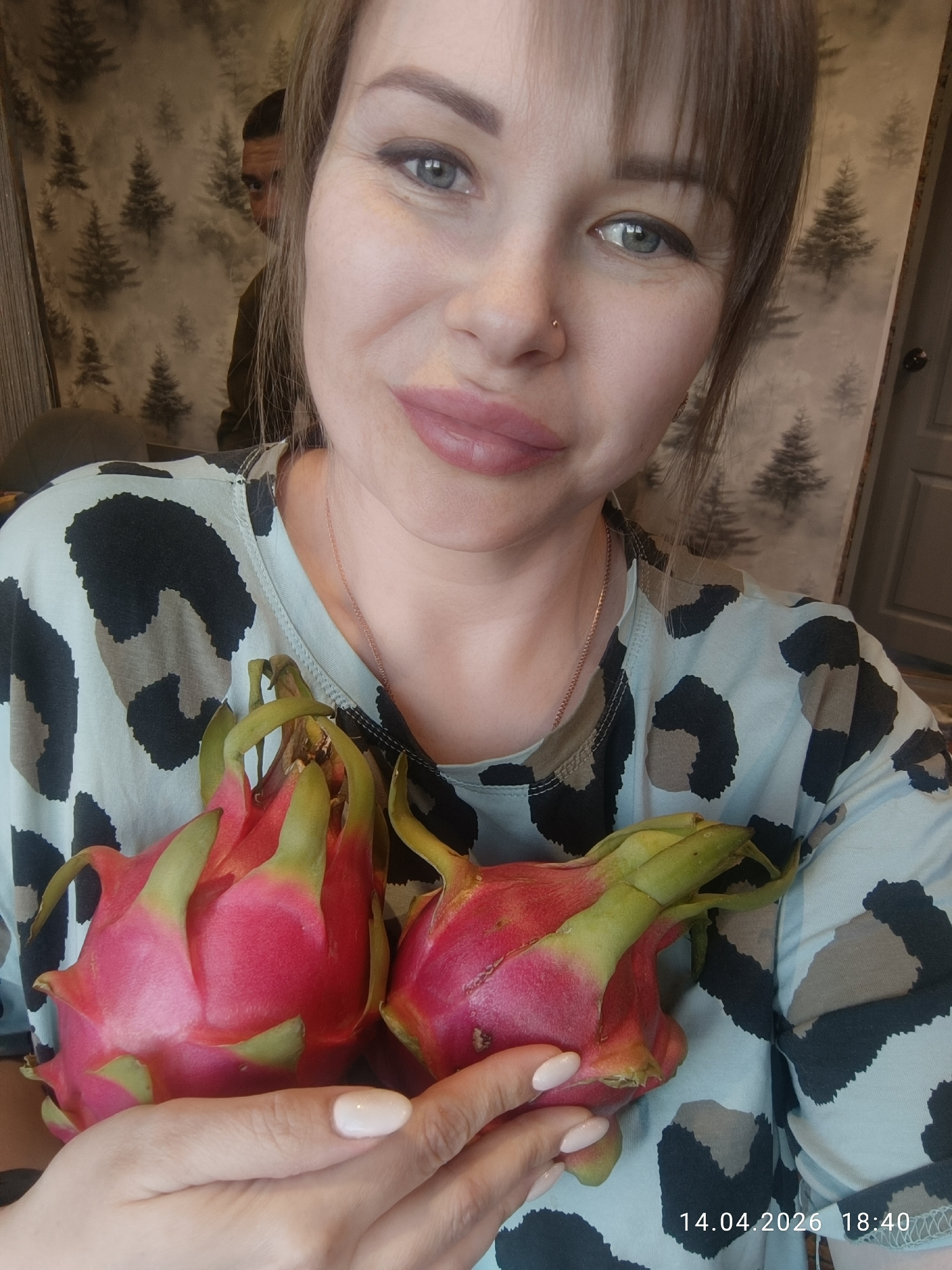 A woman is holding two dragon fruits. She has fair skin, blue eyes, brown hair with bangs, and is wearing a leopard print shirt and a nose ring. A man's face is partially visible in the background. The background also contains wallpaper with a tree design and a door. A date, 14.04.2026, and time, 18:40, are printed on the bottom right corner of the image. The scene is located in Chaikovsky, Russia.