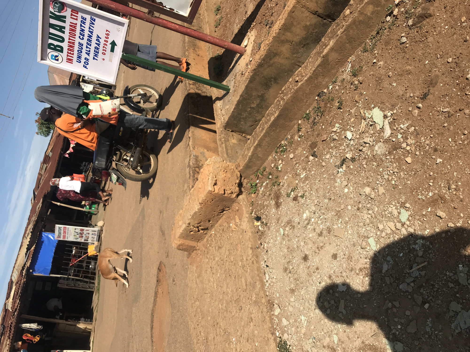 This image depicts a vibrant street scene in Mandate Estate, Ilorin, Nigeria, under bright, clear daylight. In the foreground, a man wearing an orange shirt, black cap, and jeans is seated on a motorcycle. A grey fabric covers an object or passenger behind him, and a white bag with the text "SFTGEL" is visible on the motorcycle.
Beside him, a prominent white sign reads "RBUAK INTERNATIONAL LTD UNIQUE CENTRE FOR ALTERNATIVE THERAPY" with a phone number "03798667" and an arrow pointing right. Another person is partially visible near this sign. The ground is a mix of brown dirt and gravel, with a concrete drain running parallel to the street. Distinct, short shadows, including the photographer's shadow in the lower right, indicate the sun is high overhead.
Further down the unpaved street, a light-brown dog stands near a building featuring a blue awning. Another sign, partially visible, reads "KEMITOPE FOOD CANTEEN." Several other individuals and market stalls with corrugated roofs line the street in the background, suggesting a bustling commercial area. The overall scene captures daily life in a lively West African urban setting.