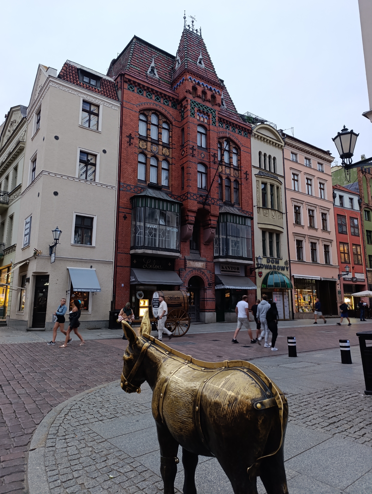 The image shows a street scene in Toruń, Poland, likely on a cloudy day. In the foreground, a golden statue of a donkey is prominently positioned, facing to the right. Behind the statue, a cobblestone street leads to a row of historic buildings with ornate facades.
The buildings exhibit a variety of architectural styles and colors, including red brick, cream, and pastel shades. Some buildings have large windows, decorative gables, and elaborate rooflines. Shops and businesses are visible at street level, with signs like "DOM TOWAROWY" and "KANTOR" indicating their services.
Several people are walking along the street, some in the mid-ground and others further in the distance. They are dressed in casual clothing. A horse-drawn cart, possibly for decorative or historical display, is positioned between the buildings and the people. Streetlights and bollards are also present. The overall environment suggests a busy urban area with a historical ambiance.