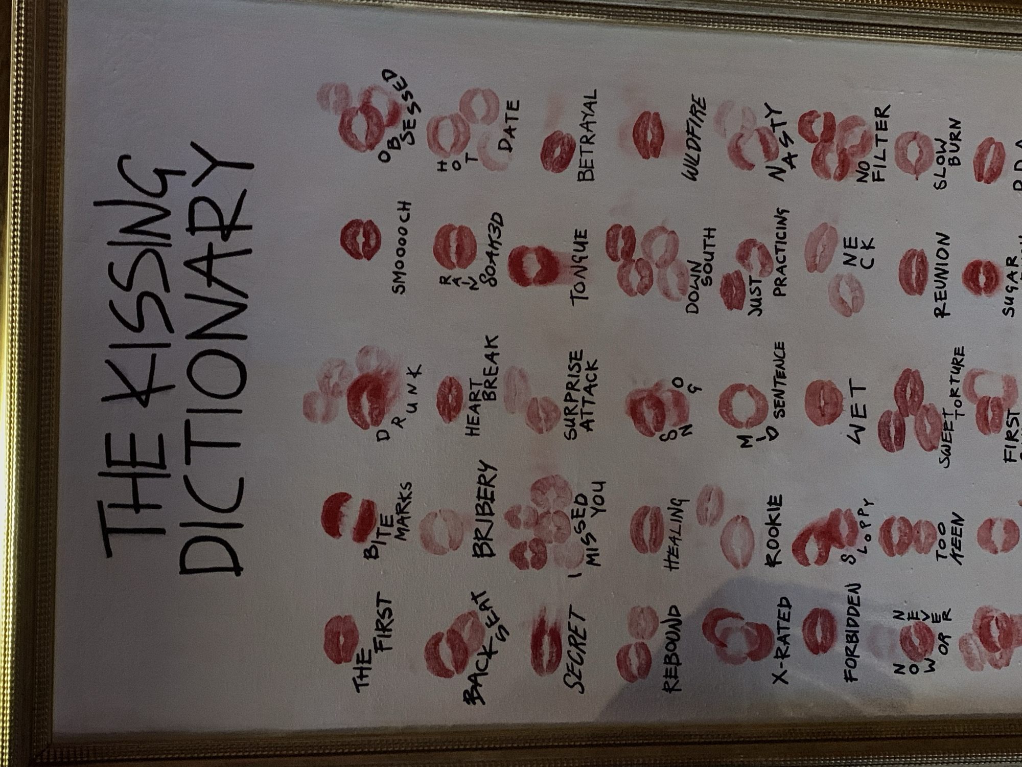 The image displays a framed white canvas or board titled "THE KISSING DICTIONARY" in black handwritten script. The board is decorated with numerous red lipstick kiss marks, varying in intensity, shape, and size, with some appearing as single imprints and others as clusters. Each mark or group of marks is accompanied by a descriptive term, also written in black marker, defining different types of kisses.
Visible text includes the title "THE KISSING DICTIONARY" and terms such as 'THE FIRST', 'BITE MARKS', 'DRUNK', 'SMOOOCH', 'HEARTBREAK', 'SOAKED', 'OBSESSED', 'HOT', 'DATE', 'SURPRISE ATTACK', 'TONGUE', 'BETRAYAL', 'BACK SEAT', 'BRIBERY', 'I MISSED YOU', 'REBOUND', 'HEALING', 'ROOKIE', 'X-RATED', 'FORBIDDEN', 'SLOPPY', 'SNUG', 'M.D. SENTENCE', 'WET', 'NEVER' (with partially visible "OR" and other smudged text), 'WILDFIRE', 'DOWN SOUTH', 'JUST PRACTICING', 'NASTY', 'NECK', 'NO FILTER', 'REUNION', 'SLOW BURN', 'SWEET TORTURE', 'TOO KEEN', 'SUGAR', and 'PDA'.
The activity depicted is the creation of a playful and personal dictionary of kisses, likely a commemorative item or a fun couple's activity. The setting appears to be indoors, but specific location cues, time of day, or weather are not discernible. No people are visible in the frame.