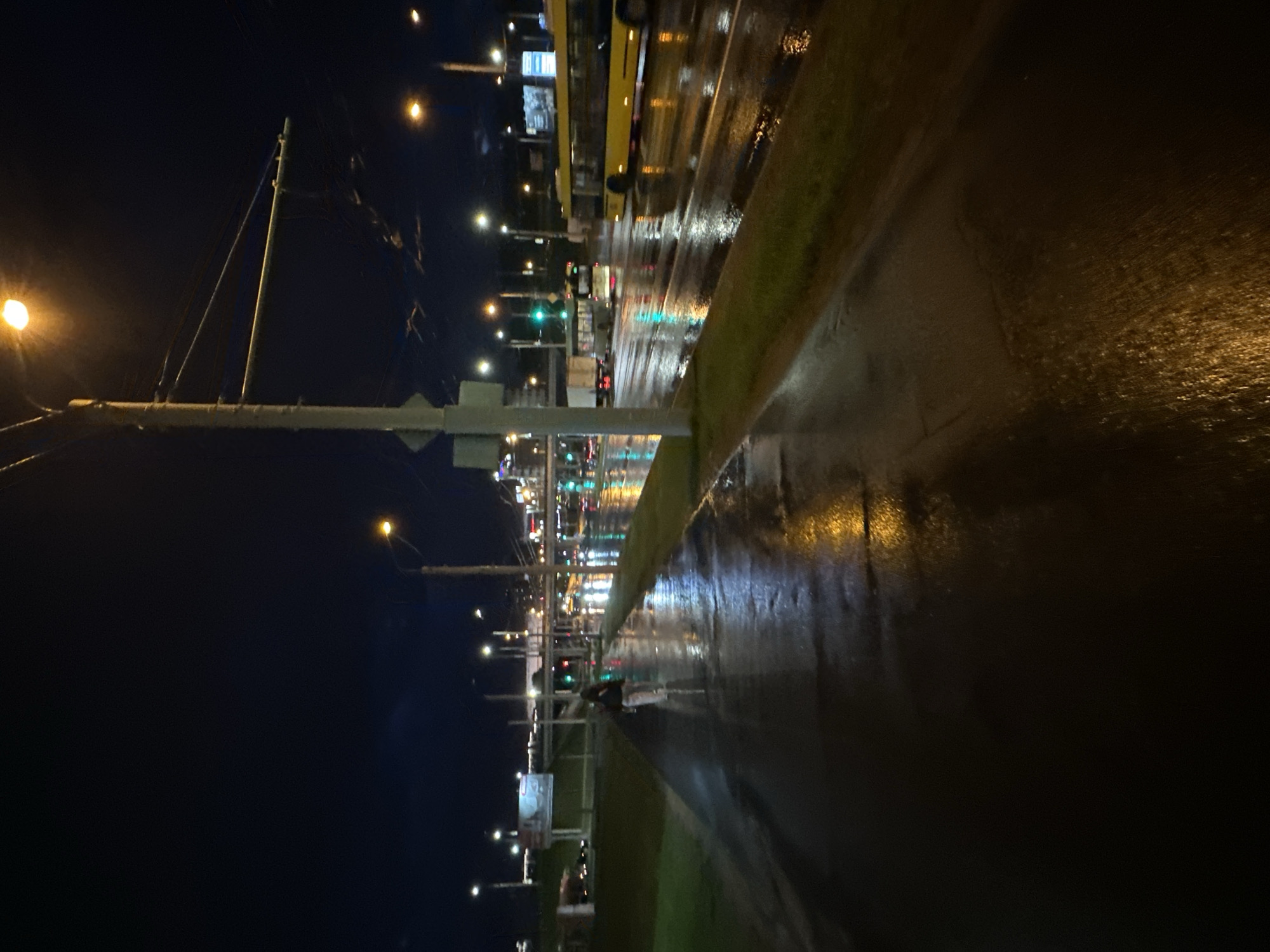 The image depicts a street scene at night in Minsk, Belarus, characterized by a wet asphalt road reflecting city lights. A yellow bus and several other vehicles can be seen in the distance, driving away from the viewer. Street lights illuminate the road and adjacent sidewalks, and power poles line the left side of the street. Vegetation borders the sidewalk, appearing green under the artificial lights. The overall atmosphere is dark and illuminated by the artificial lights and reflections on the wet pavement.