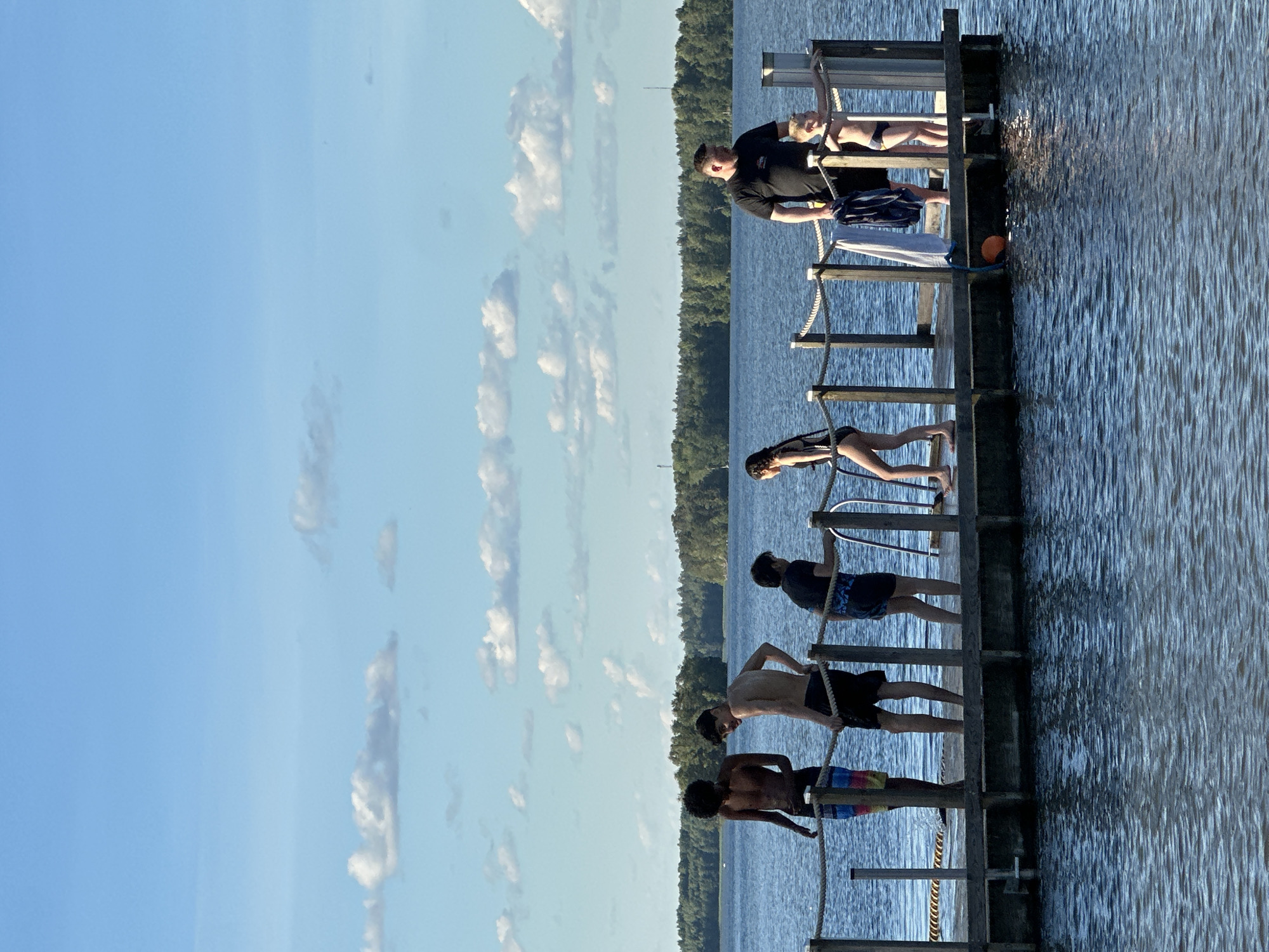 On a wooden dock extending into a body of water, several people are present. A young boy in black swim trunks stands near the end of the dock, looking out. To his left, a man in a black t-shirt and dark shorts holds a towel, and a young girl in a black swimsuit stands beside him. Further down the dock, a person in a black swimsuit is positioned near a ladder. Two young men in swim trunks are also on the dock, one with colorful striped trunks and the other in black. The water is a deep blue, with ripples visible. A line of trees forms a dense treeline in the background, under a bright blue sky with scattered white clouds. An orange ball is submerged in the water near the end of the dock.