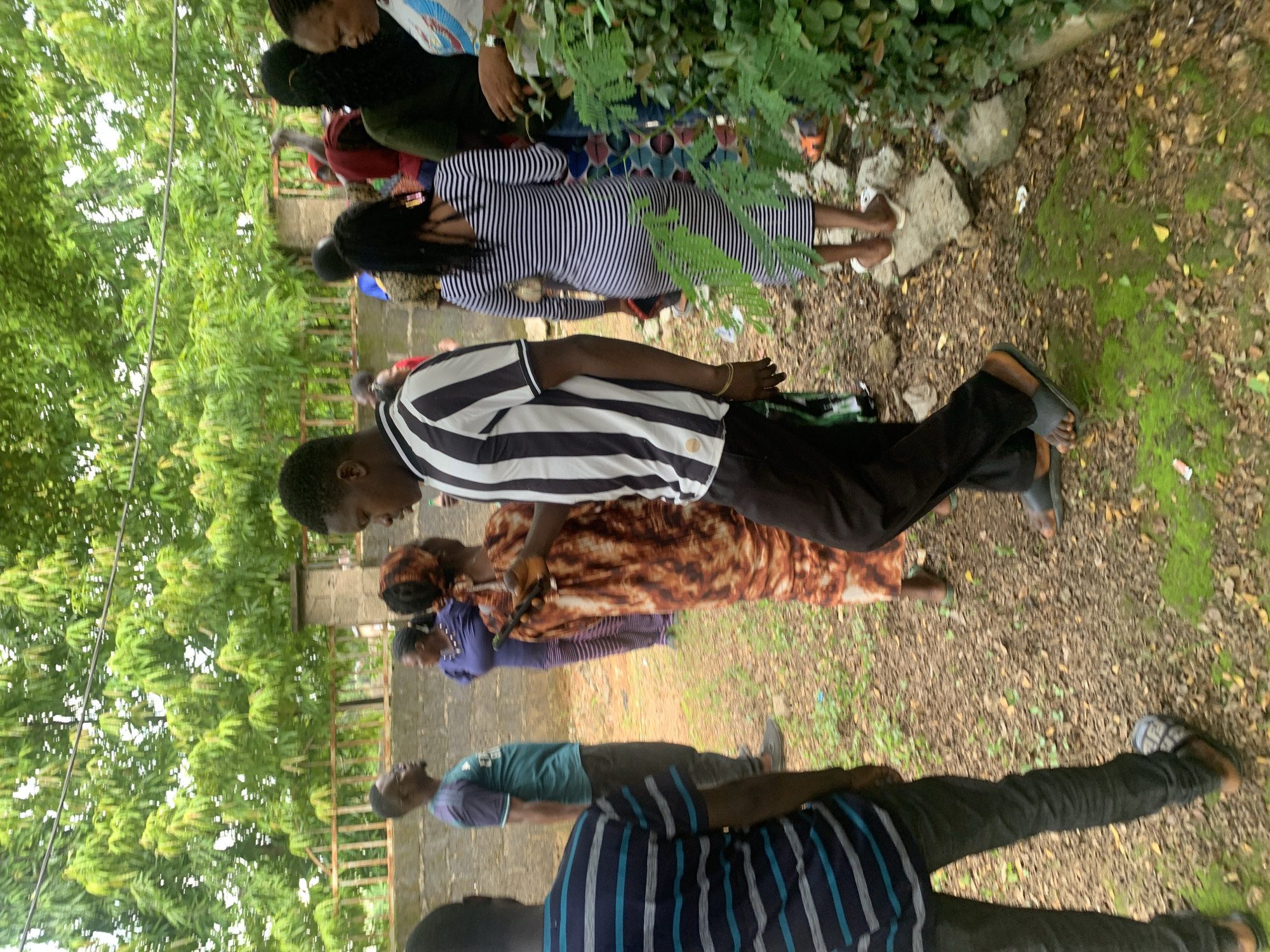 In Akwanga, Nigeria, a group of people are gathered outdoors, seemingly on a dirt path with scattered leaves and patches of moss. A man in a black and white striped shirt is the focal point, holding a phone and looking at it. To his left, a woman in a brown and orange patterned dress and headscarf is also looking at the phone. Behind them, a woman in a blue top and striped pants stands, and further back, another woman in a blue and white striped dress is visible. A man in a teal shirt and dark pants is also present. The background features a stone wall and lush green trees. The overall atmosphere appears informal and casual.