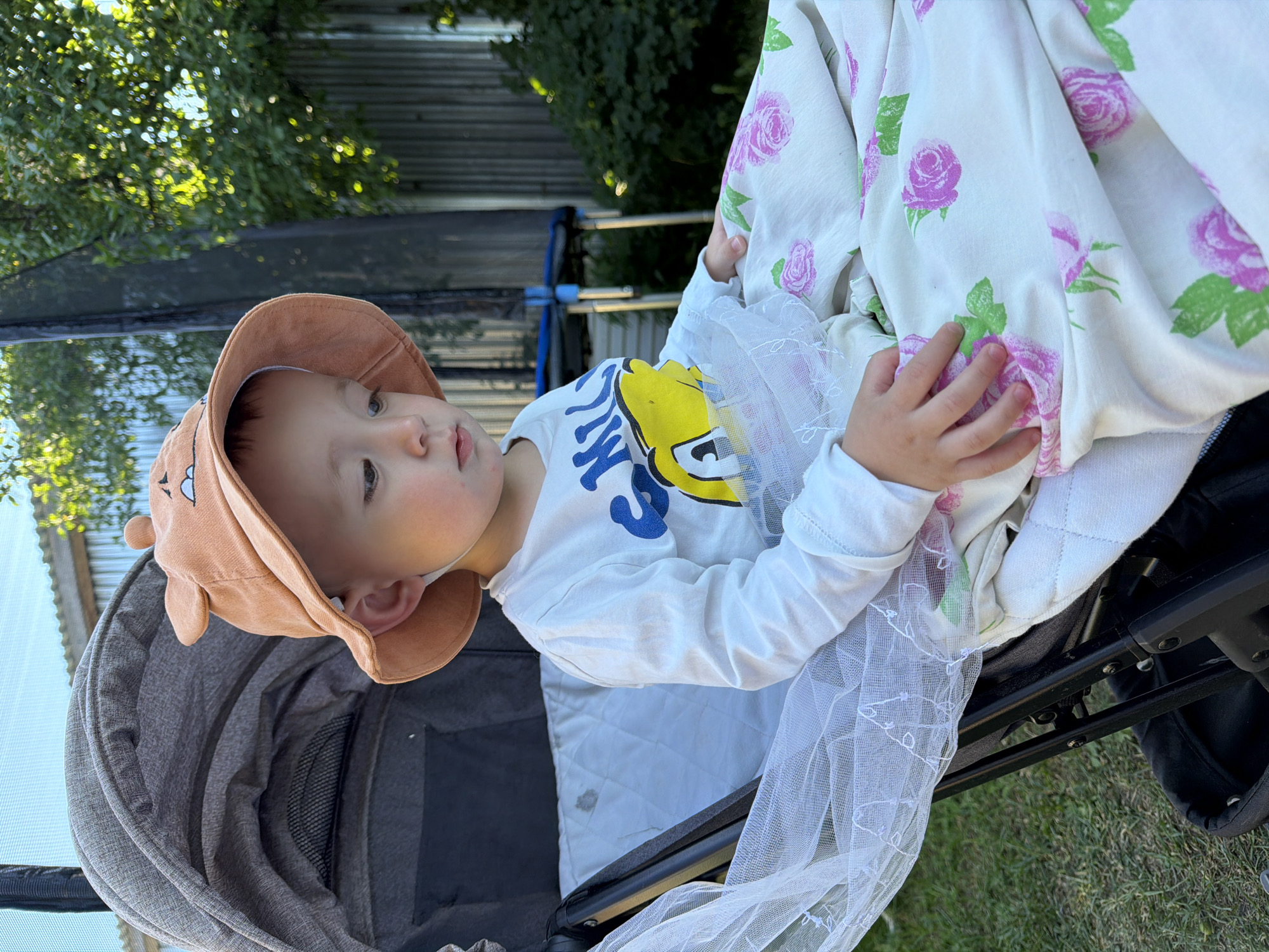 A young boy wearing a brown hat with bear ears sits in a stroller in a grassy outdoor area. The stroller is a dark gray color with a light gray quilted interior. A white mosquito net is draped over the stroller. The boy is wearing a white long-sleeved shirt with a cartoon character and blue lettering. He is covered with a blanket that has a pink rose pattern. Behind the stroller, a metal fence is visible, along with green trees and bushes. The scene appears to be in the city of Krasny Mayak, Russia, based on the provided context.