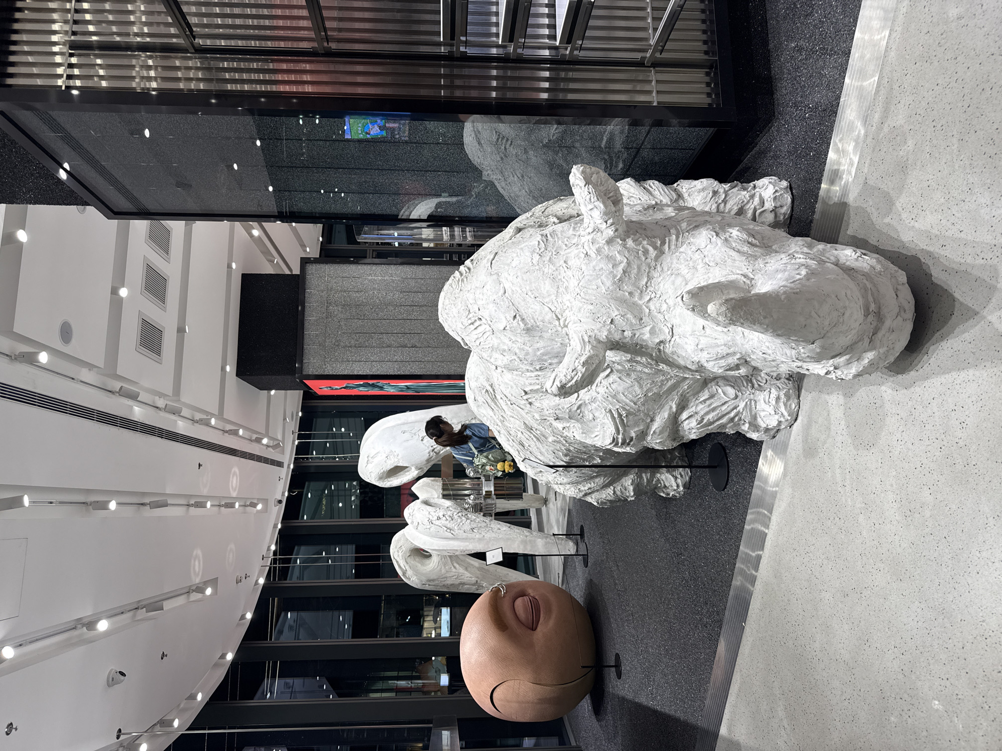 The photograph shows an art installation in a modern indoor space, likely a shopping mall, possibly located in the Tianhe District of China, as suggested by the image's location. The installation features a series of abstract sculptures. The first sculpture is a large, white, textured rhino head. Behind it, there's another abstract white sculpture, and in the foreground, there's a large, brownish-pink head sculpture with closed eyelids.
A woman with dark hair pulled back is present, standing behind the sculptures, possibly examining them. She's wearing a light blue top and appears to have a handbag or tote on her shoulder.
The sculptures are placed on a dark, speckled floor. In the background, there's a multi-story building facade with glass panels. The ceiling is white with parallel rows of lights. A gray support structure is visible near the white rhino.