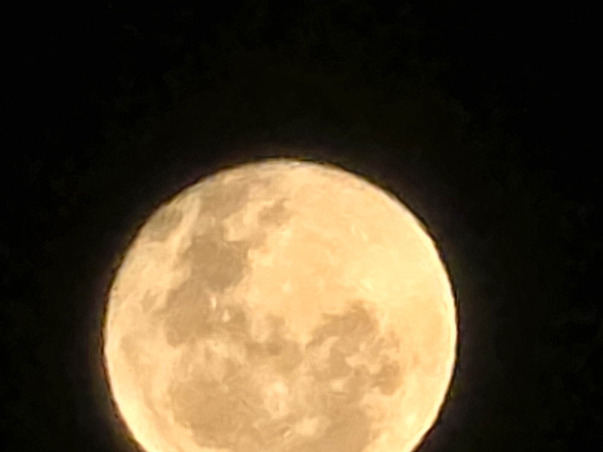 A close-up, slightly out-of-focus photograph shows a full moon against a black night sky. The moon is illuminated with a warm, yellowish-orange hue, and its surface displays visible craters and variations in texture. The right edge of the moon is more sharply defined than the left. The background is entirely dark, with no other celestial bodies or atmospheric phenomena visible. The image does not contain any elements that would place it specifically within the city of Sofia, Bulgaria, or any other urban or natural environment.