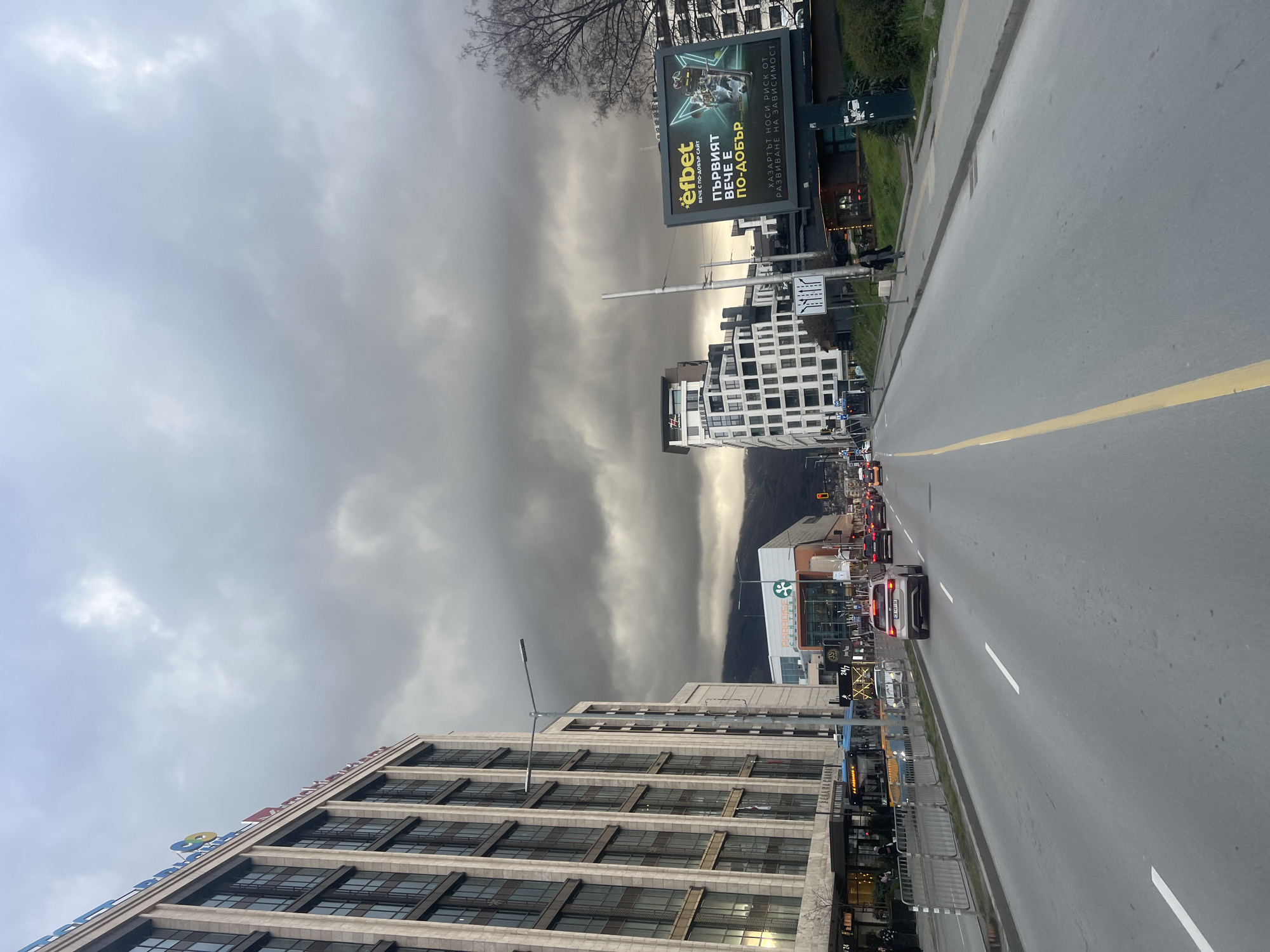 The image shows a street scene in Sofia, Bulgaria, on a cloudy day. The view is along a wide road with a yellow center line, and moderate traffic is present. A tall office building with a logo is on the left side of the road. On the right side of the road are commercial buildings, including one with "PARADISE CENTER" prominently displayed. A large billboard for "efbet," a gambling company, is also visible. In the background, dark clouds and a distant mountain can be seen. The sky is overcast.