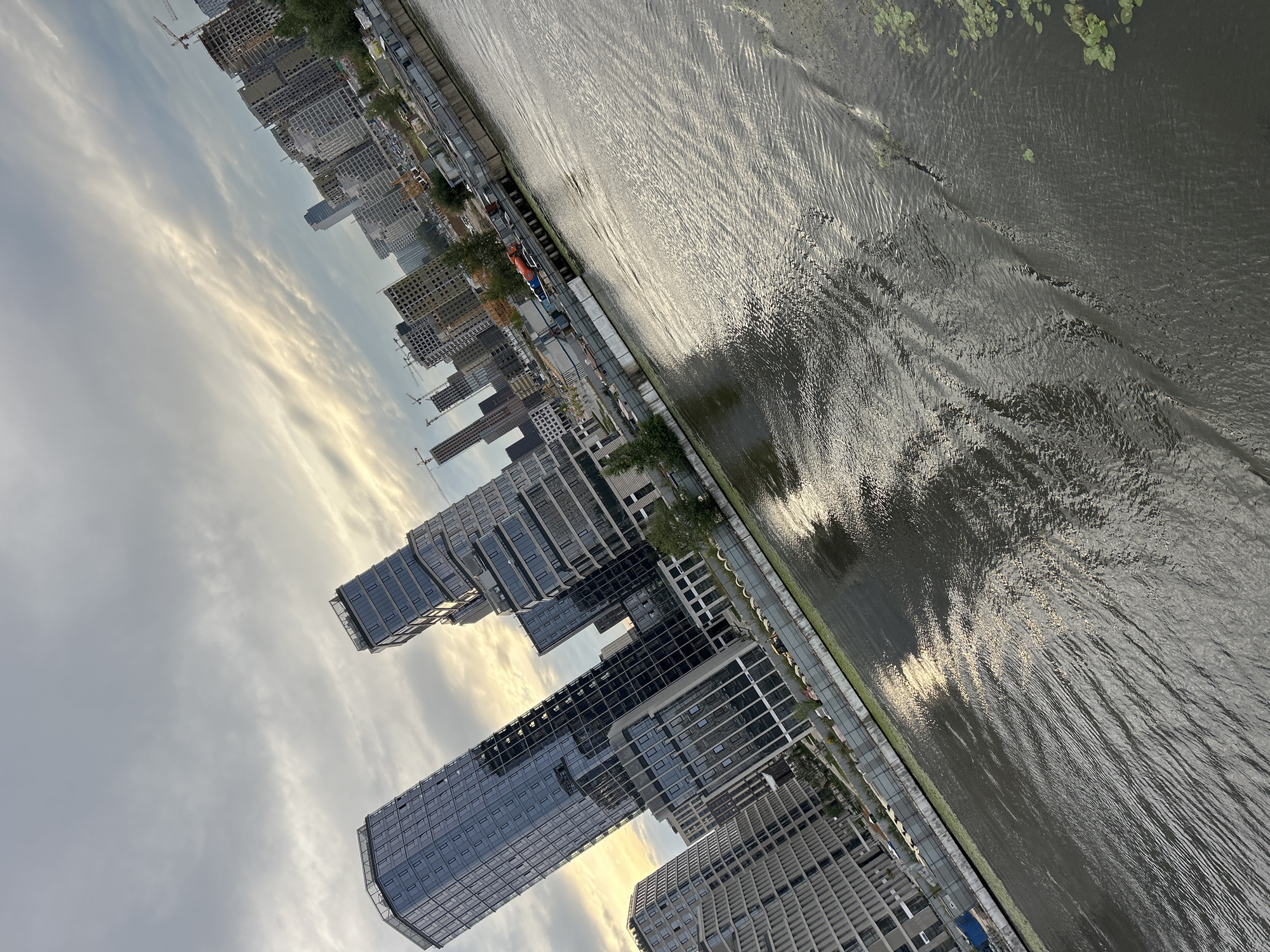 The image shows a waterfront view of a city skyline with modern high-rise buildings under construction and some completed. The buildings are a mix of glass-fronted skyscrapers and concrete structures, with several construction cranes visible. In the foreground, a body of water with ripples reflects the cloudy sky and the cityscape. There are some aquatic plants visible on the surface of the water on the right side of the frame. The overall impression is one of urban development and a work in progress. The lighting suggests it is either early morning or late afternoon.