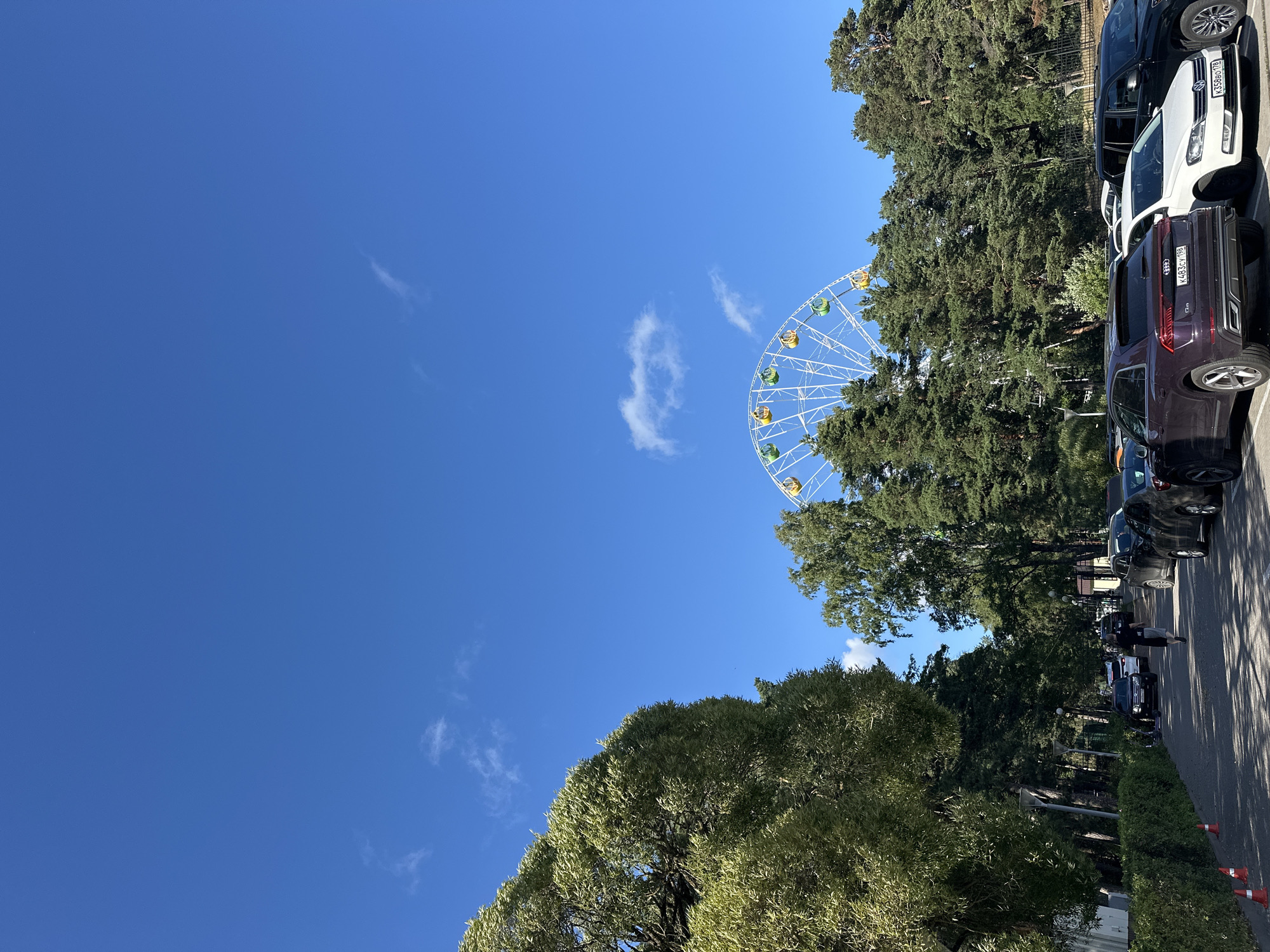 In Zelenogorsk, Russia, on a clear, sunny day with a vibrant blue sky and scattered white clouds, a Ferris wheel stands prominently in the distance. The Ferris wheel, with its colorful gondolas (green, yellow, and white), is surrounded by a dense forest of tall pine trees. In the foreground, a paved area serves as a parking lot for several vehicles, including dark sedans and SUVs, as well as a burgundy SUV with a license plate K483CV 198 and a white Volkswagen sedan with license plate K358BO 178. A person in a dark t-shirt and shorts is walking away from the camera down the paved area. Orange traffic cones are visible along the edge of the parking area. Lush green trees and hedges line the left side of the scene, with a few streetlights interspersed along the path.