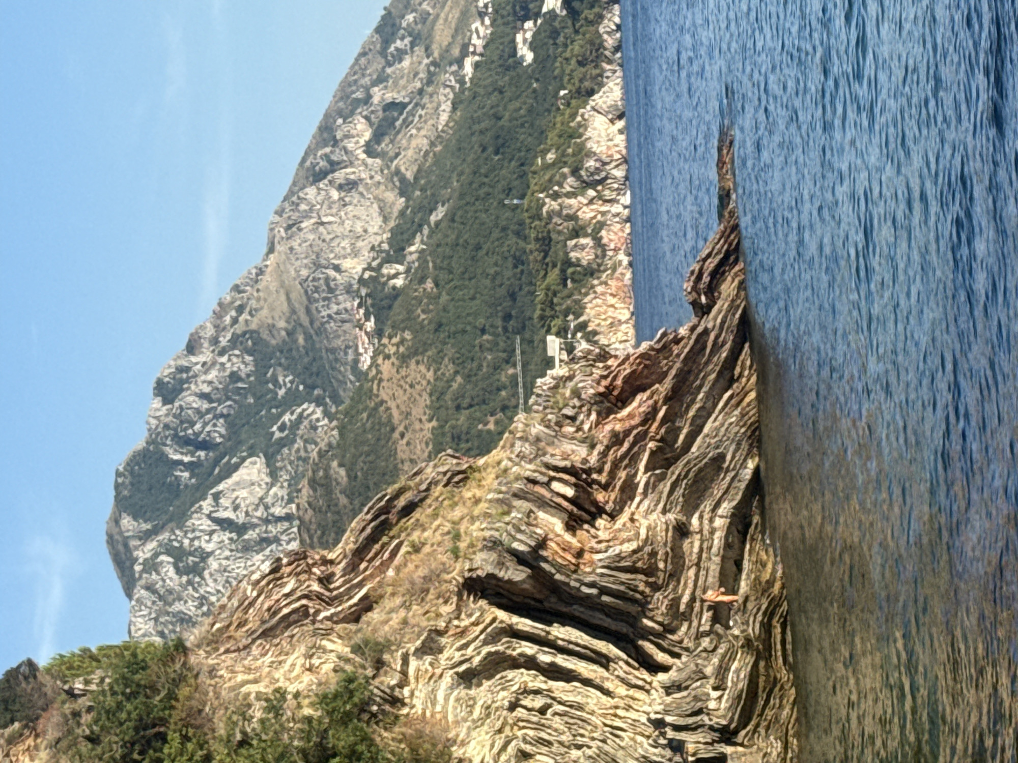 A medium shot captures a striking geological formation of layered rock jutting into the clear blue Adriatic Sea. The rock layers exhibit a unique folding pattern, suggesting significant geological history. On a flat section of the rock near the water's edge, a lone individual, appearing to be wearing a bikini, is standing. The background features a lush green hillside densely populated with trees, transitioning into the rugged terrain of a mountain range under a bright, cloudless blue sky. In the distance, a town with white buildings is visible nestled on the lower slopes of the mountains. The overall scene depicts a natural coastal landscape near Rafailovići, Montenegro.