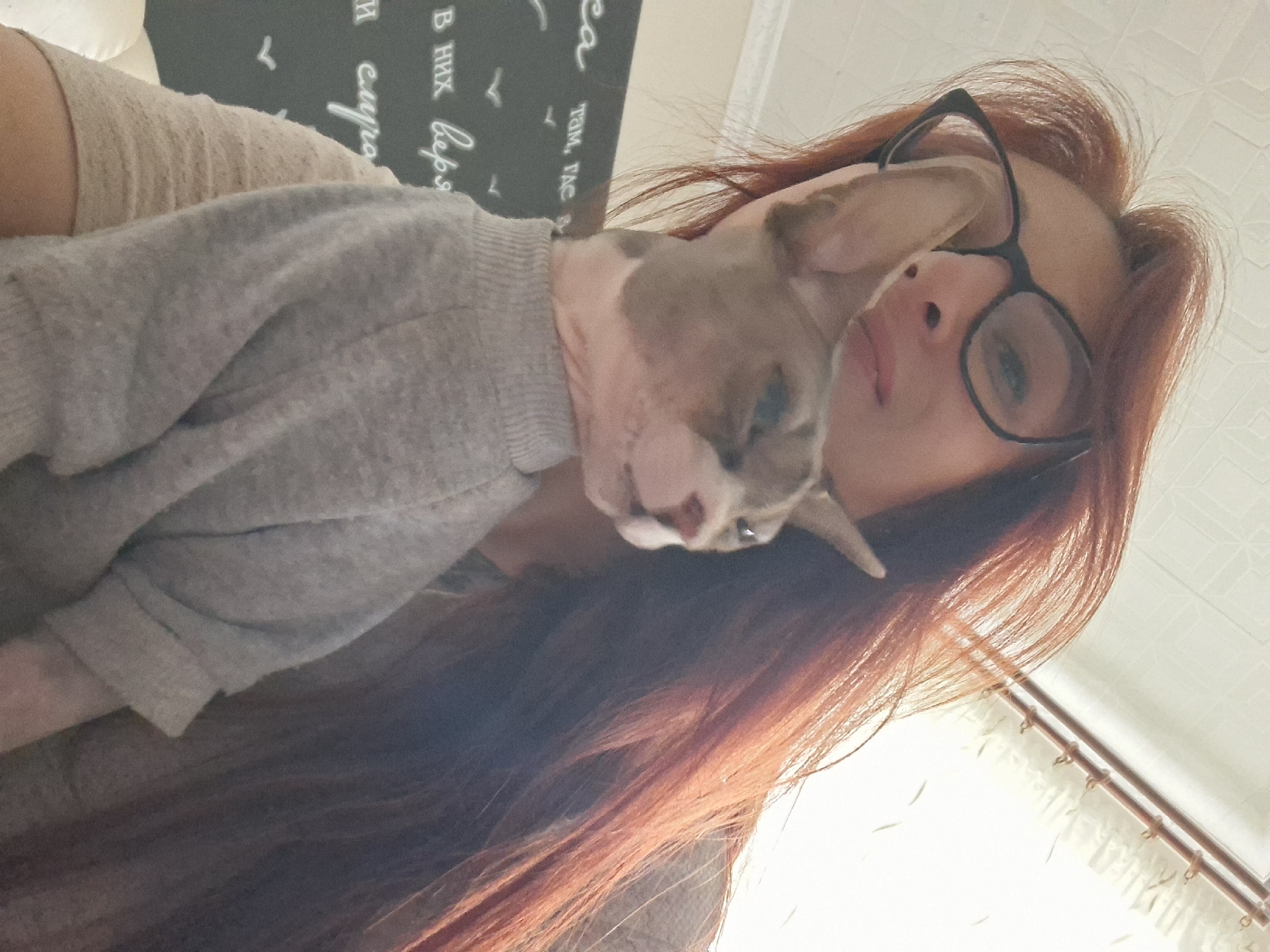 A woman with long, reddish-brown hair and glasses is taking a selfie, holding a Sphynx cat wearing a gray sweater. The cat is looking to the right with a neutral expression. The background is a wall with a textured pattern. There is also a chalkboard or dark surface on the left with white writing that appears to be in Cyrillic script. The lighting suggests an indoor setting, possibly a home. No specific location in Myadzyel, Belarus can be determined from the image.