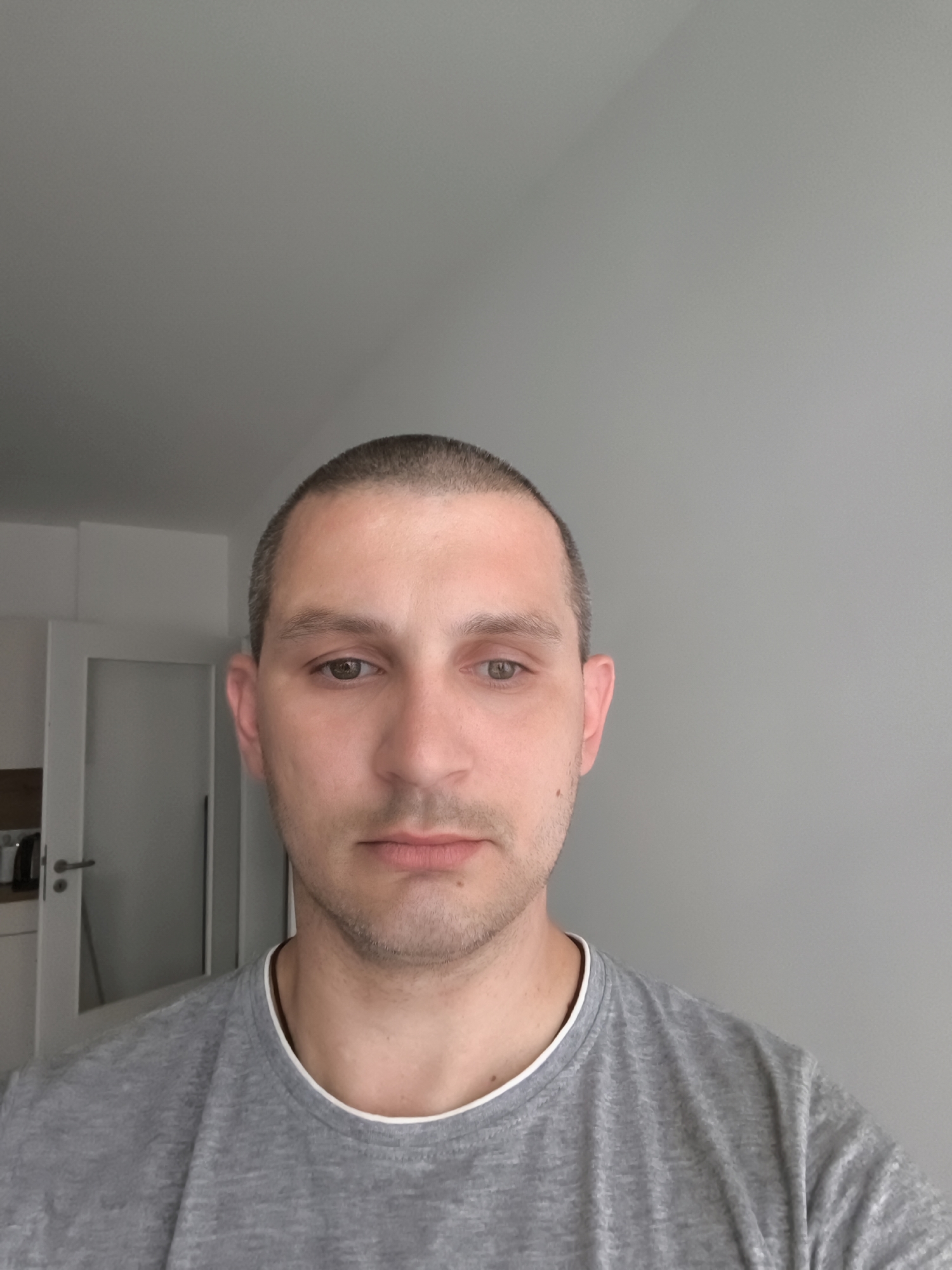 A man with short brown hair and a grey t-shirt is pictured from the chest up. He has light skin and is looking directly at the camera. The background is a plain grey wall. To the left of the man, a white door with a silver handle is visible, and a partial view of a kitchen counter can be seen. This scene is located inside a residence in Wolgast, Germany.