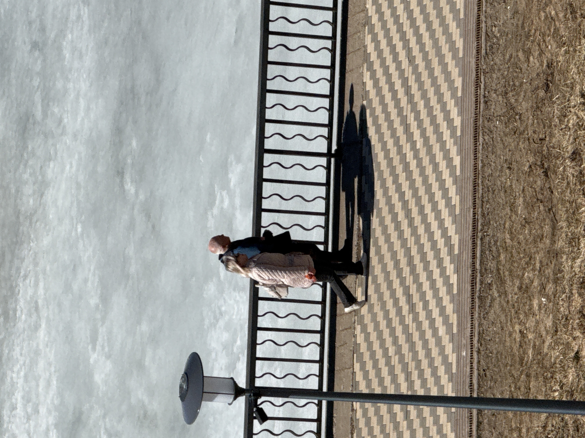 A couple is walking on a paved walkway next to a body of water in Votkinsk, Russia. A decorative metal railing separates the walkway from the water. The woman is wearing a light-colored coat and dark pants, and the man is wearing a dark jacket. Their shadows are cast on the walkway. A streetlight is visible in the foreground. The ground to the right of the walkway is covered in brown vegetation.