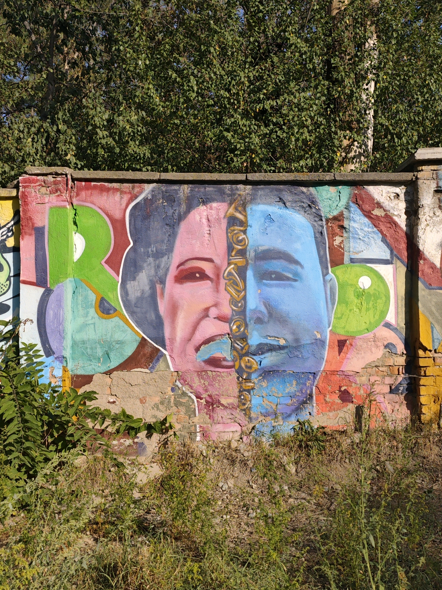 The image shows a graffiti mural on a brick wall. The mural depicts two halves of a face, split down the middle by a decorative, gold-colored chain. The left half of the face is rendered in shades of pink and blue, while the right half is primarily blue. Behind the faces, the wall is covered in various other colorful graffiti tags and shapes. The wall itself appears old and weathered, with some bricks exposed and the plaster crumbling. In the foreground, there is overgrown grass and vegetation. The background consists of green trees and foliage, suggesting an outdoor setting, possibly in a park or a less maintained area of the city. This particular graffiti mural is located in Almaty, Kazakhstan, on the wall of the Almaty State Circus.