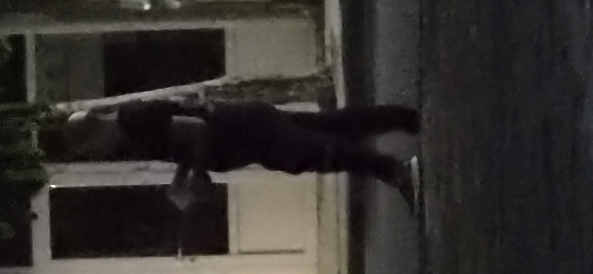 The image shows a person walking on a paved surface in front of a building at night. The person is wearing dark clothing and athletic shoes. The building appears to have large glass doors or windows. The overall scene is dimly lit, suggesting it is nighttime or a poorly lit area. There is no specific information available about the location in the city of Radilovo, Bulgaria.
