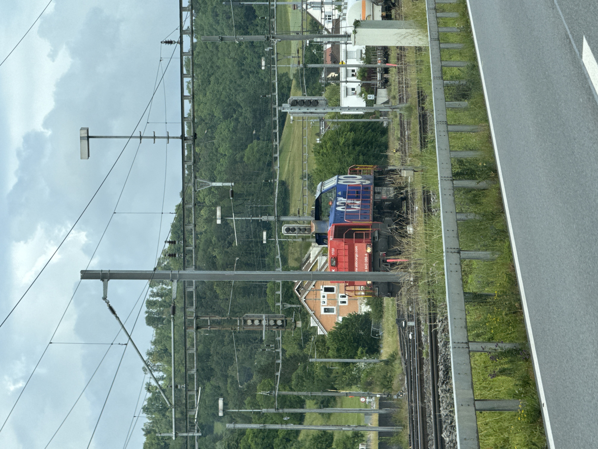 The image captures a railway scene in Zurzach, Switzerland, on an overcast daytime. Two locomotives are central to the composition, positioned on multiple railway tracks that run through a semi-urban and forested landscape.
The most prominent locomotive is red, featuring yellow handrails and marked with "SBB CARGO," "K 1700," "www.sbbcargo.com," and the identification number "1 843 089-4." Behind and slightly to its left, a blue locomotive is visible, also displaying "SBB CARGO" and a large, prominent number that appears to be "100." Both trains are under an extensive network of overhead power lines and signal structures, typical of an electrified railway. Multiple railway signals with black housings and visible light compartments are present near the tracks.
To the immediate right of the railway tracks, a grey metal guardrail separates the tracks from a paved road, which features a white dividing line. Grass and some wildflowers grow in the space between the guardrail and the tracks.
In the mid-ground and background, the landscape consists of dense green trees covering hillsides. Several residential buildings, including houses with pitched roofs and light-colored facades, are nestled among the trees. The sky above is largely covered with grey clouds, suggesting an overcast day with diffused lighting. The scene presents a functional railway infrastructure integrated with residential and natural elements.