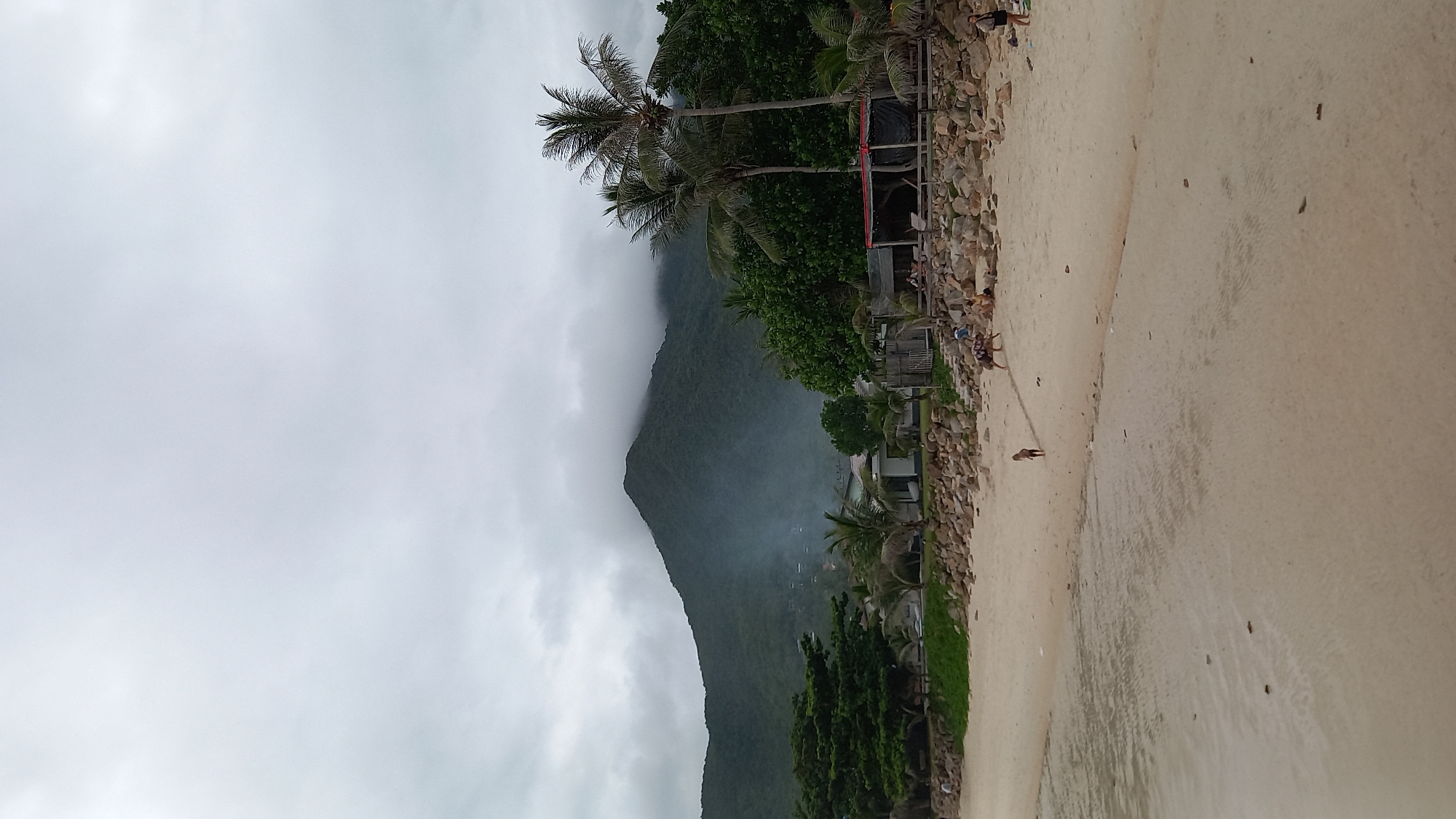 This image depicts a beach scene in ตำบลเกาะพะงัน, Thailand, under an overcast, cloudy sky. A large, lush green mountain dominates the background, with its peaks partially shrouded in dense grey clouds. From the lower slopes of the mountain, a plume of light grey smoke or mist rises.
In the midground, a wide sandy beach extends, showing ripples from the water on its left side. A line of dark grey rocks separates the sand from tropical vegetation, which includes numerous palm trees and other green trees. Behind these trees and rocks, several buildings are visible; one prominent white building with a dark roof is centrally located, and a rustic open-sided structure with a dark roof, possibly a beach bar or shelter, stands to the right.
Several people are present on the beach and near the structures. In the foreground, a small child, a toddler, wearing light-colored clothing, walks on the wet sand towards the water. To the child's right and slightly further back, an adult in patterned clothing walks along the sandy beach towards the right. Closer to the line of rocks, a small group of at least two to three individuals are seated or relaxing. Near the open-sided structure on the right, additional people are visible, some sitting, and one individual in dark attire stands closer to the water's edge on the far right. The overall atmosphere is muted due to the cloudy weather.