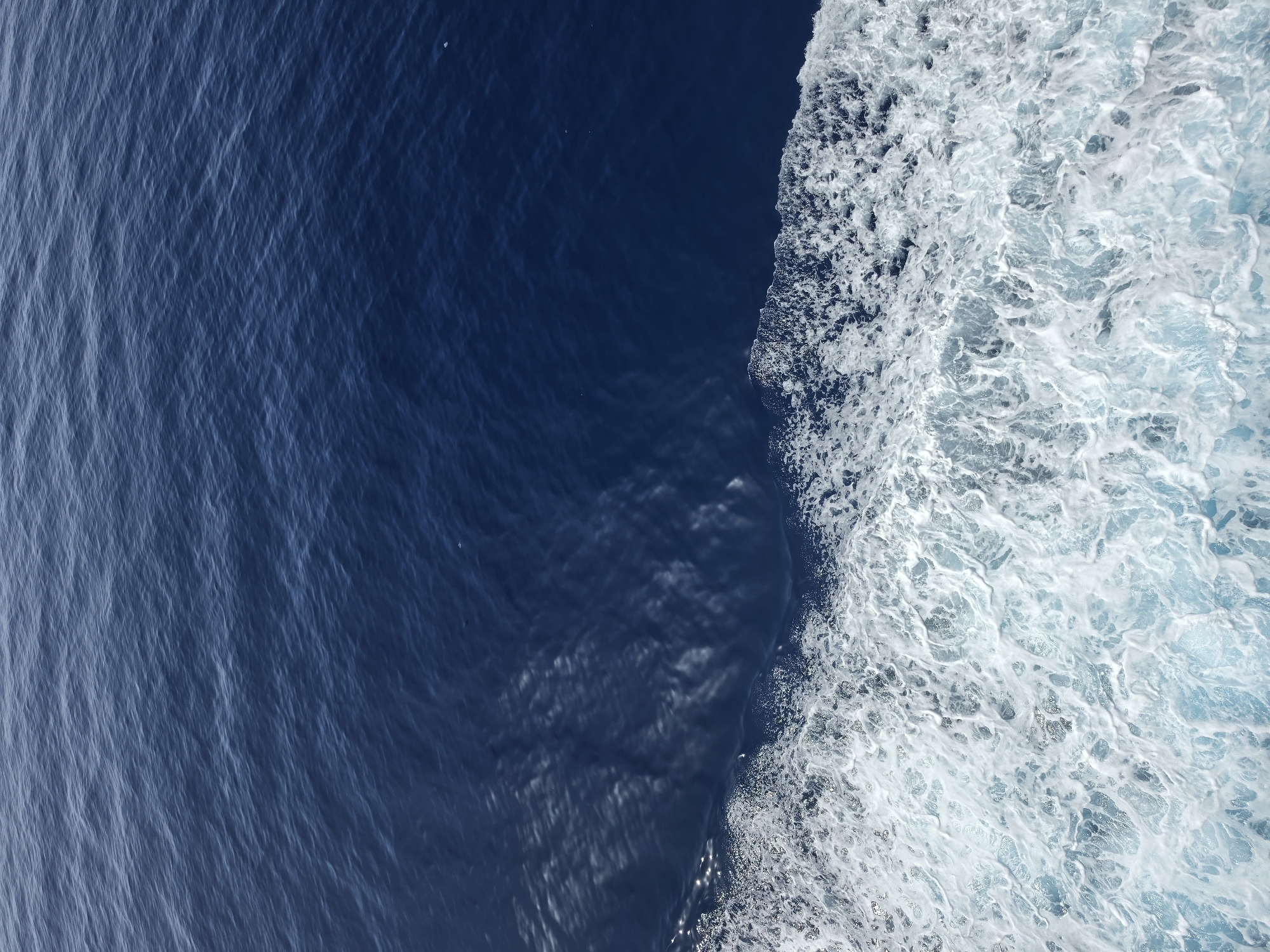 The image shows a close-up view of the sea with the wake of a boat. The water is a deep blue and the wake is white and frothy, with small bubbles and ripples. The sunlight reflects off the surface of the water, creating a shimmering effect. There are no people or man-made objects visible in the image. The scene is likely captured from a moving vessel, suggesting a maritime environment. The location of Santa Ponça, Spain, is a coastal town known for its marina and beaches, making this a plausible setting for such a view.
